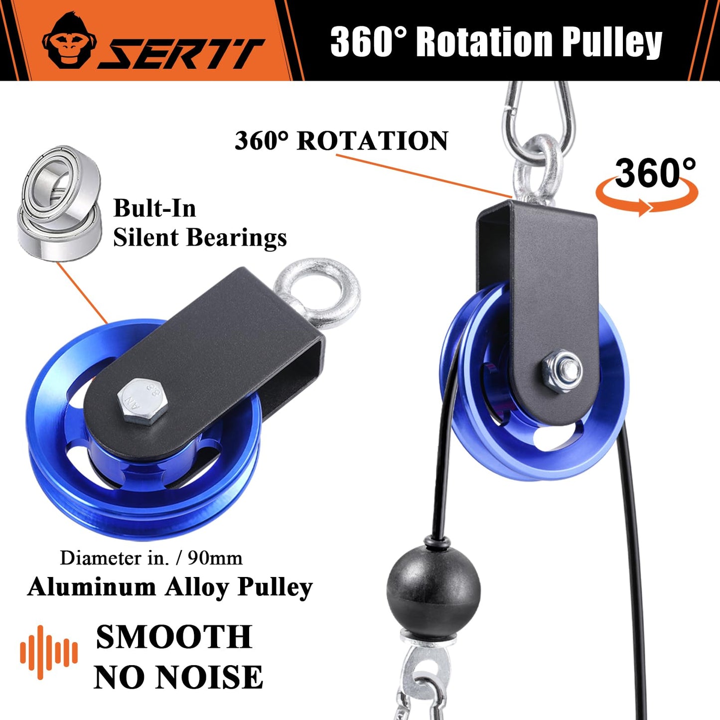 SERTT [1 Pack] Cable Pulley Wheel for Home Gym Pulley System, Upgraded 90mm Aluminium Alloy Gym Pulley for Maximum 660LBS Load