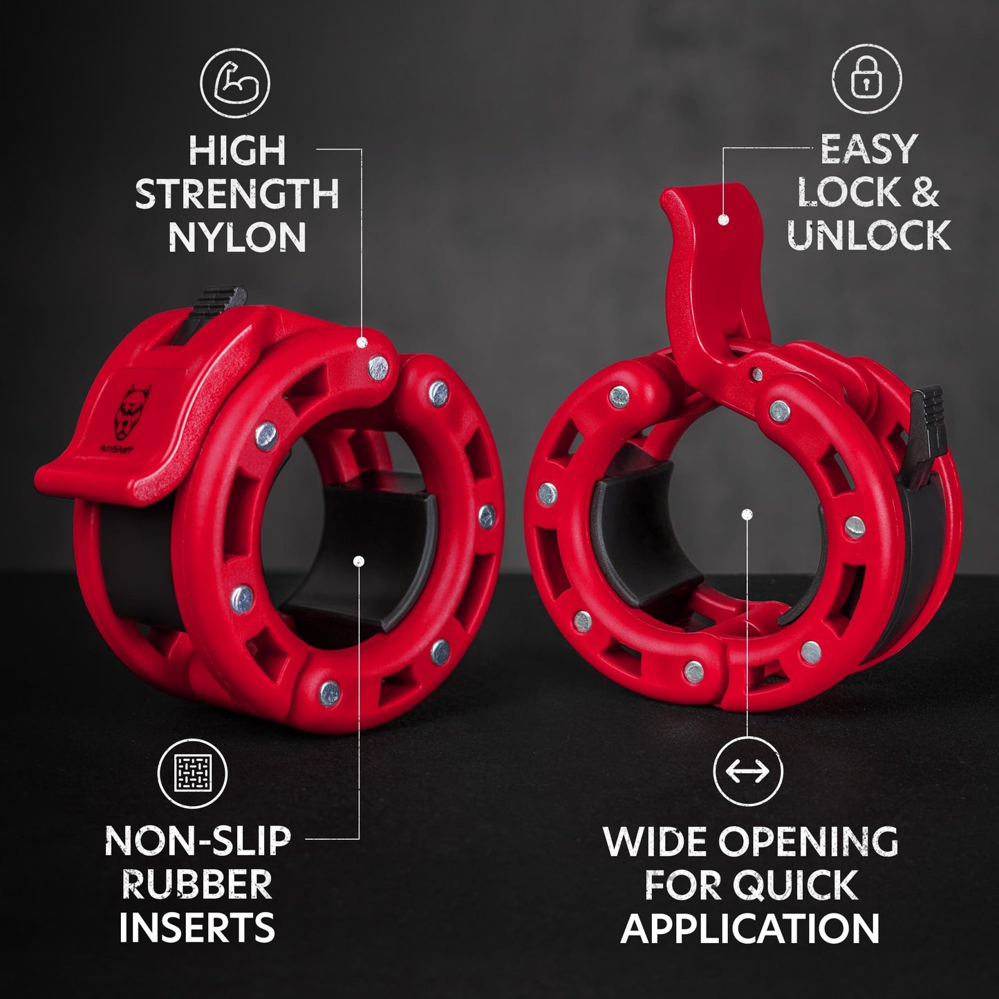 AmStaff Fitness Barbell Collars Clamps – Quick Release 2 inch Locking Olympic Bar Collars for Weightlifting, Powerlifting, and Strength Training (Pair, Red)