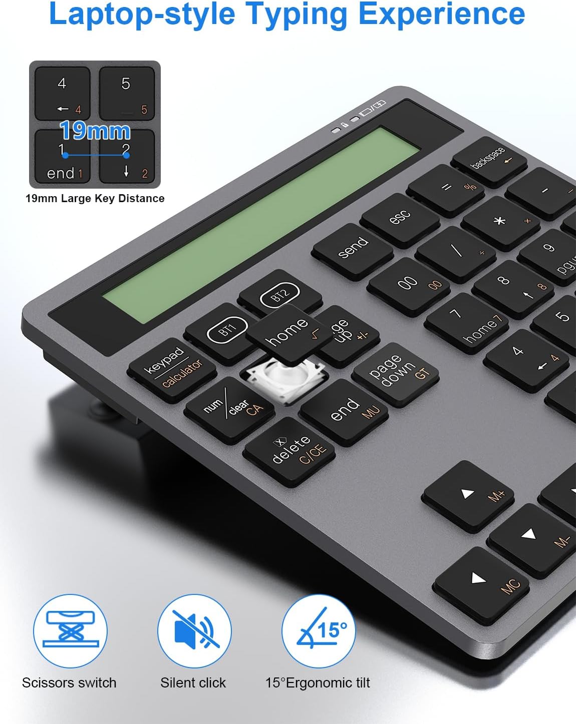 Tioleje 2-IN-1 34-Key Accounting 2in1 Rechargeable Bluetooth Number Pad with Display Calculator - Wireless & Wired