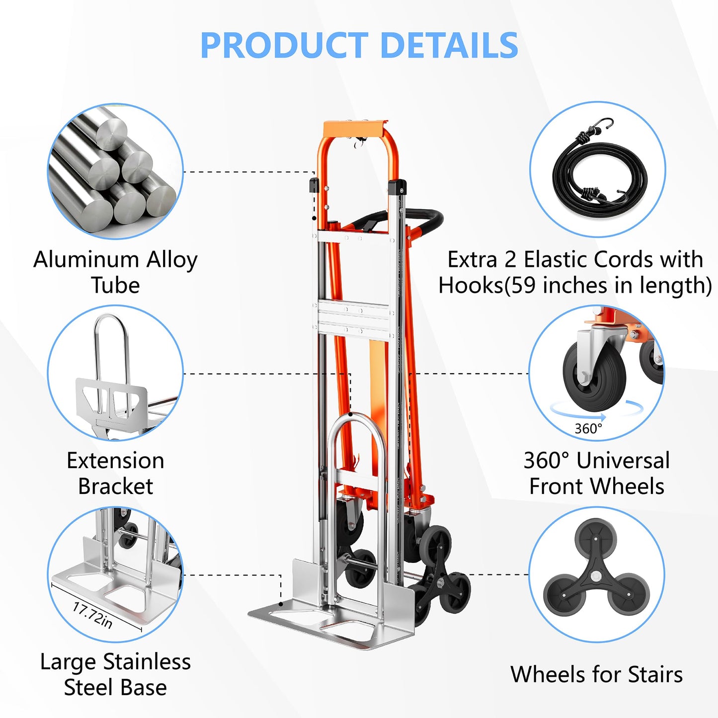 4 in 1 Industrial Convertible Stair Climbing Cart 1000 LBS Capacity, Heavy Duty Aluminum Hand Truck Dolly Cart with Solid Wheel, Folding Stair Climbing Cart Trolley for Transport Logistics Moving