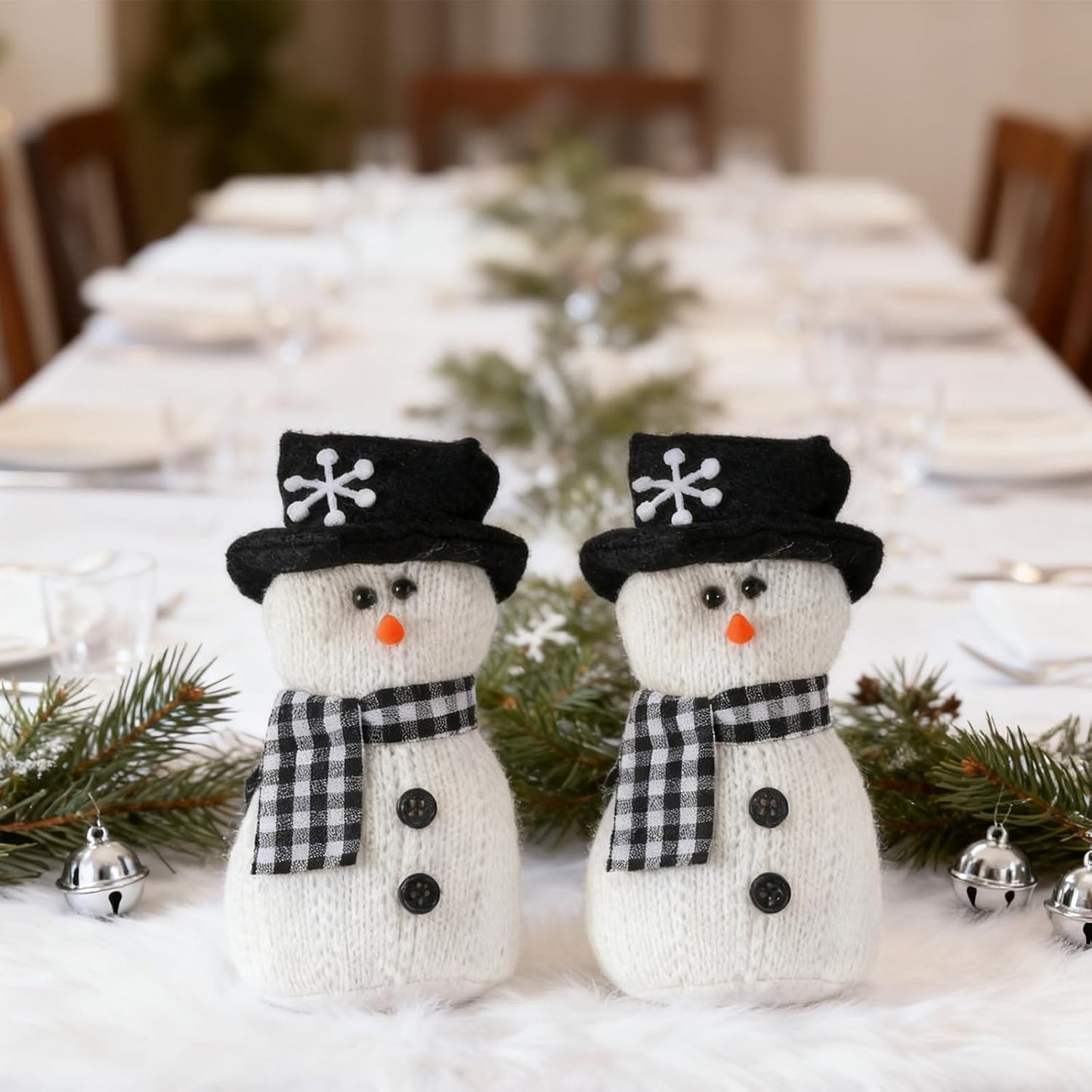 SmoothNovelty Snowman Plush Toys - 6'' Winter Figurines with Checkered Scarf | Holiday Table Decor