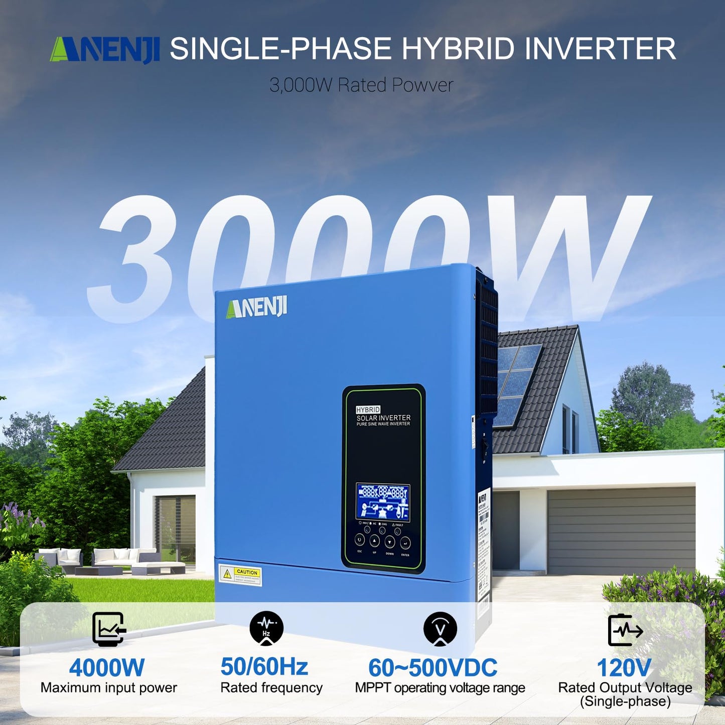 Aninerel 3000W Hybrid Inverter, 24Vdc to 110Vac Solar Inverter Charger Built-in 80A MPPT Controller, Pure Sine Wave PV Power Converter, Supports Battery-Less or AGM Lithium Battery