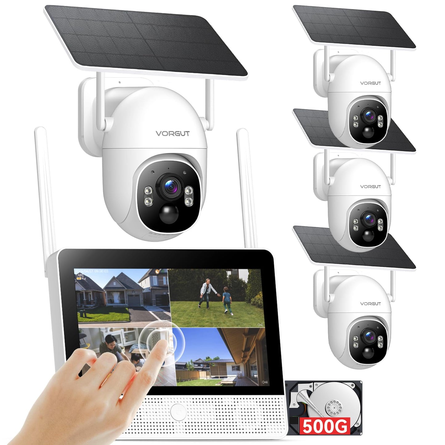 Solar Security Cameras Wireless Outdoor System with 10'' Touch Monitor 10CH NVR, 4MP WiFi6 Cameras for Home Security, 355° Pan 90° Tilt, Night Color, 2-Way Audio, 500G HDD, 0 Monthly Fee, 4 Cam-Kit
