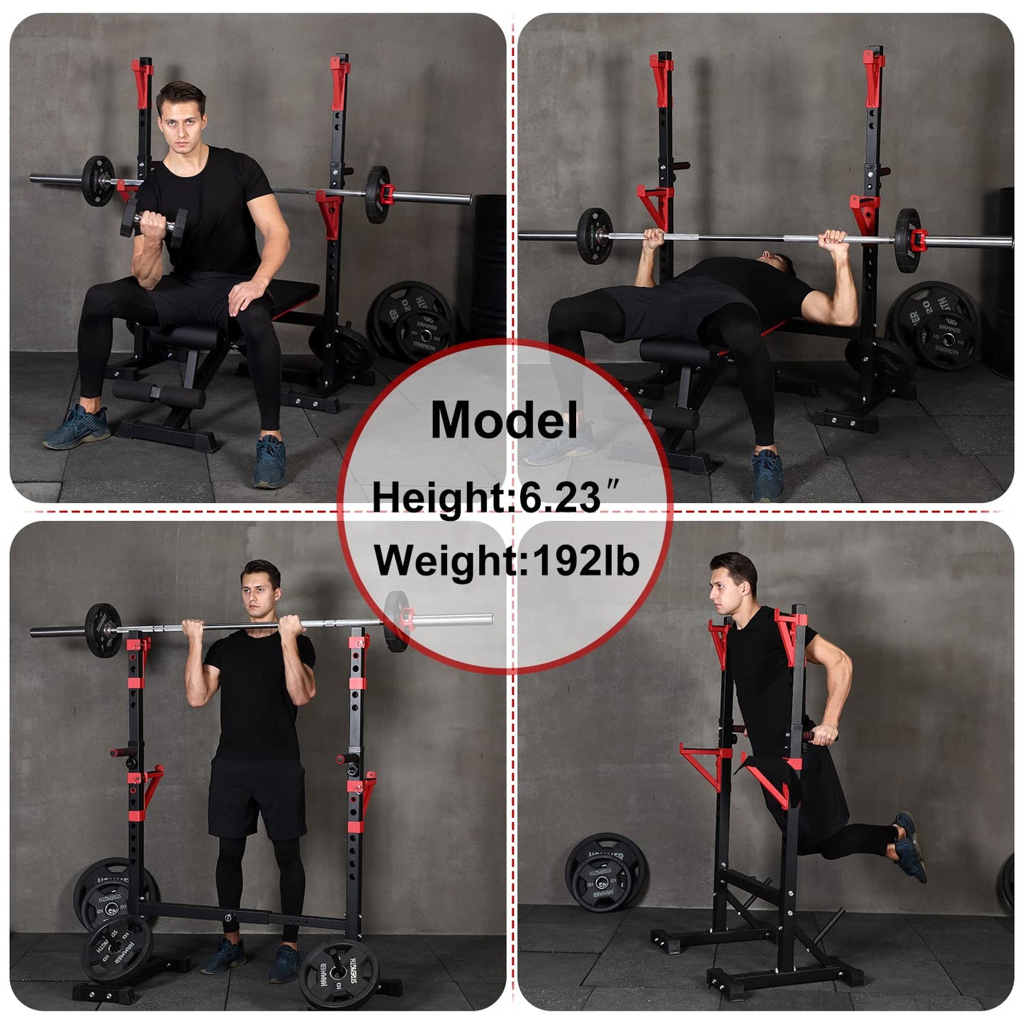 CANPA Squat Rack, Adjustable Barbell Rack Strength Training Barbell Stand with Dip Station Multi-Function Squat Stand Equipment for Home Gym Fitness 600Lbs（red）