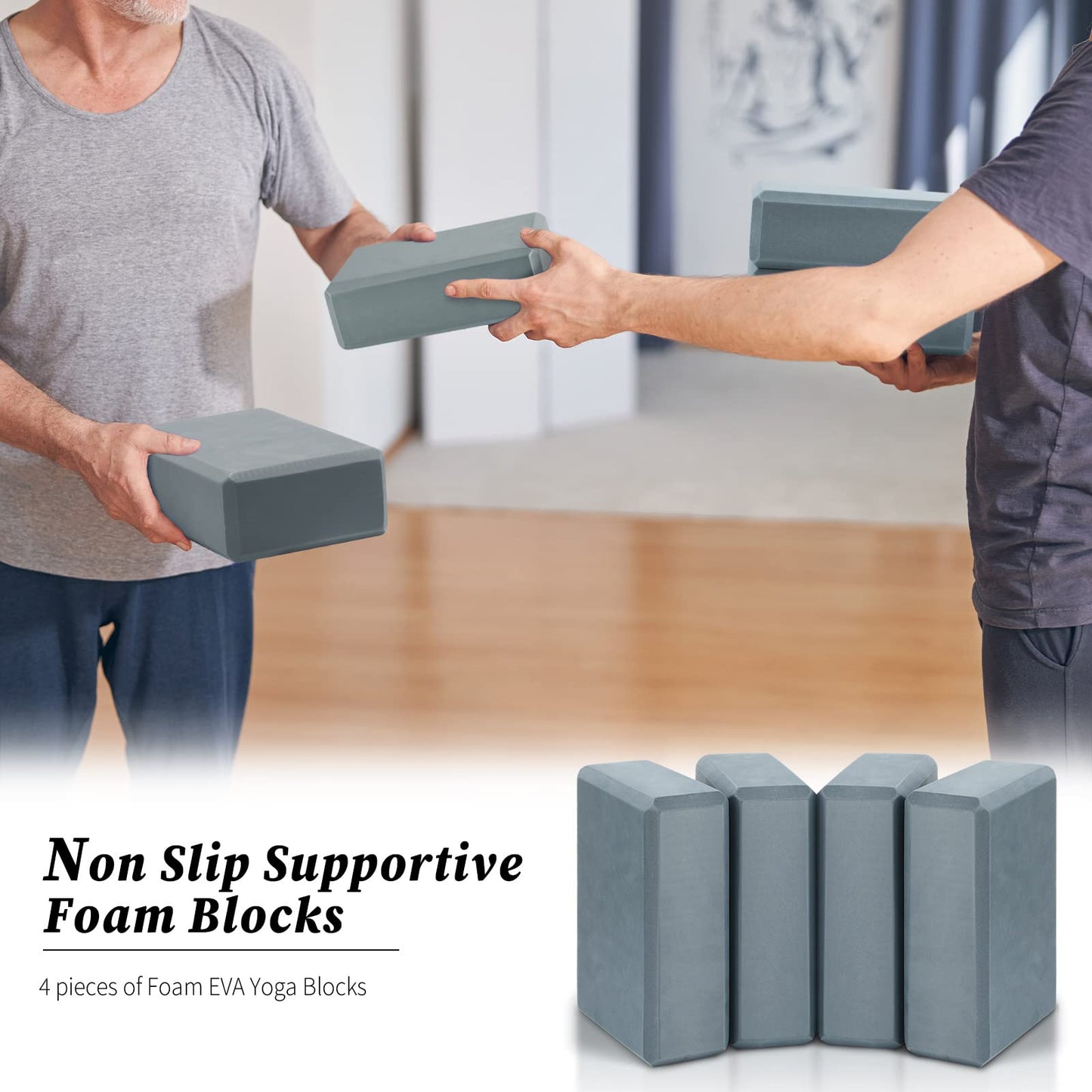 4 Pcs Yoga Blocks Soft EVA Foam Supportive Yoga Brick Non Slip Exercise Block Equipment for Pilates Exercise Workout Meditation Supplies, Grey, 9 x 6 x 3 Inches