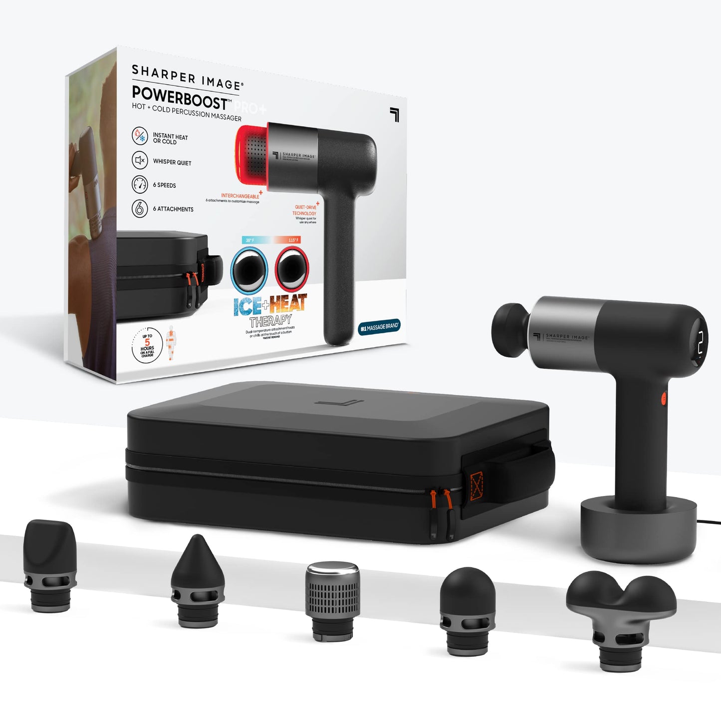 Sharper Image Deep Tissue Percussion Massage Gun, Powerboost Pro+ Hot & Cold Rechargeable Handheld Massager, 6 Adjustable Speeds, 6 Attachment Heads & Carrying Case, Muscle Pain Relief, Black