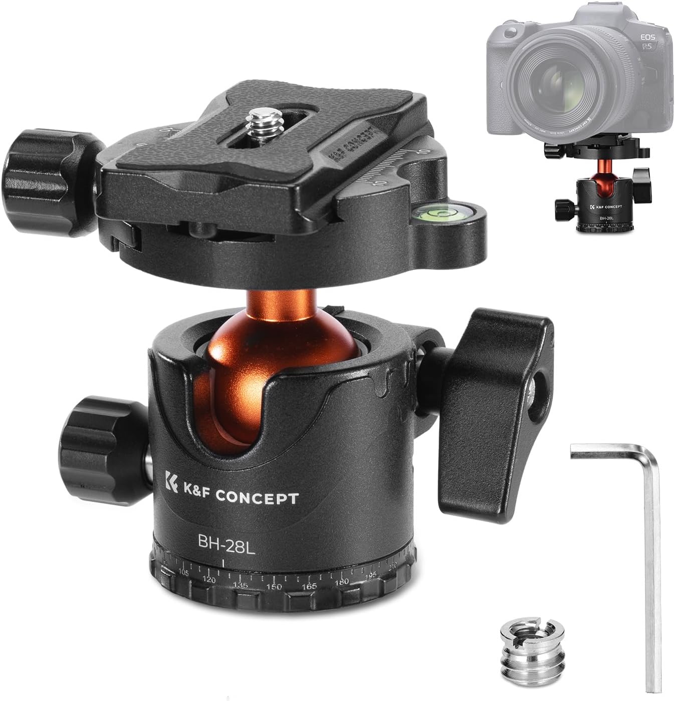K&F CONCEPT 28mm 360 1/4 inch 22 Professional Metal Tripod Ball Head Degree Rotating Panoramic with Quick Release Plate