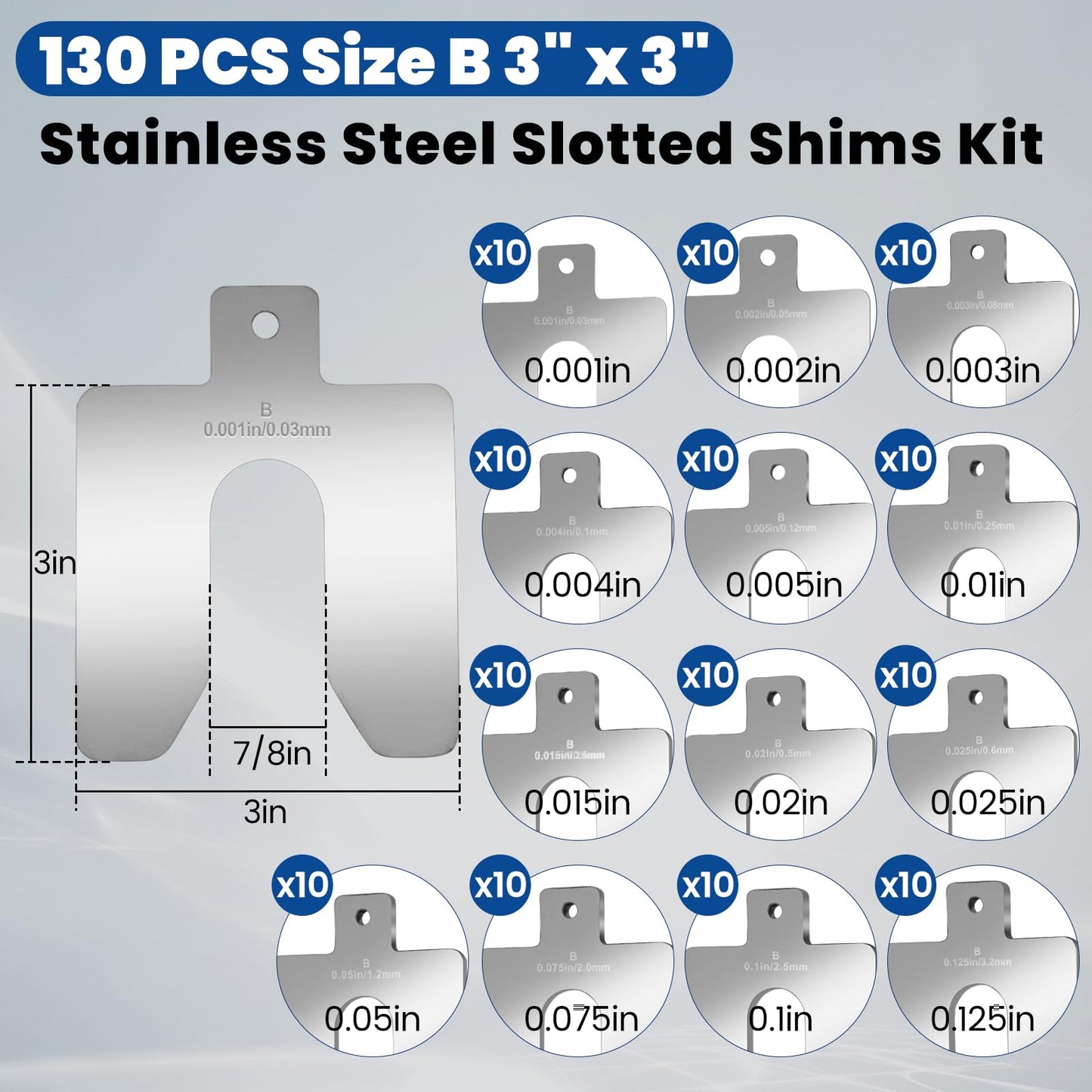 130 PCS Size B 3" x 3" Slotted Shims Kit, 304 Stainless Steel Slotted Shim Kit with Storage Box, Precision Laser-Cut Alignment Metal Shims for Leveling Machinist Tools