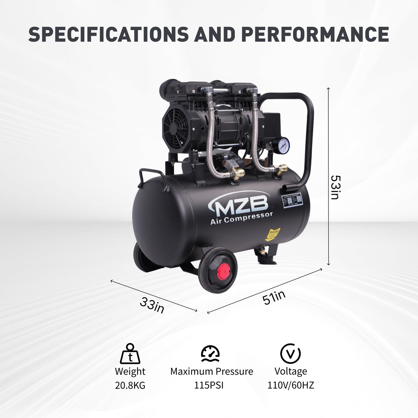 MZB 6.4 Gallon Ultra Quiet Air Compressor 110V/60Hz 7.41CFM 1.5HP, MAX 115PSI Steel Tanks Oil-Free 70dB Noise Level Air Compressor with Wheels for Spray Painting, Auto Repair, Carpentry Decoration