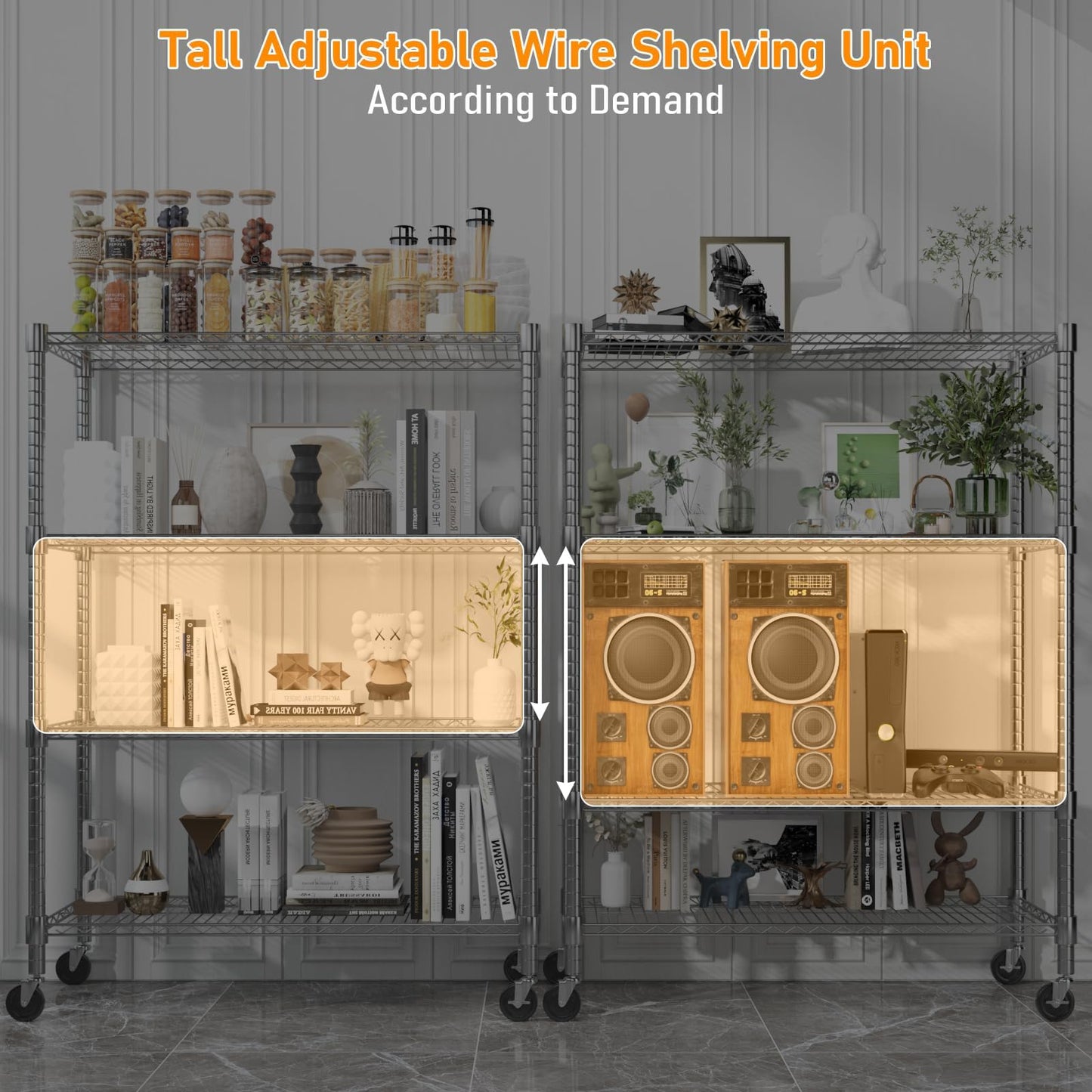 Himimi 4-Tier Heavy Duty Steel Wire Rack Storage Shelving, Adjustable Metal Storage Shelves with Wheels, 72''H Wire Shelf for Kitchen Garage Basement Pantry Organization, 18" D×36" W×72" H-Silver