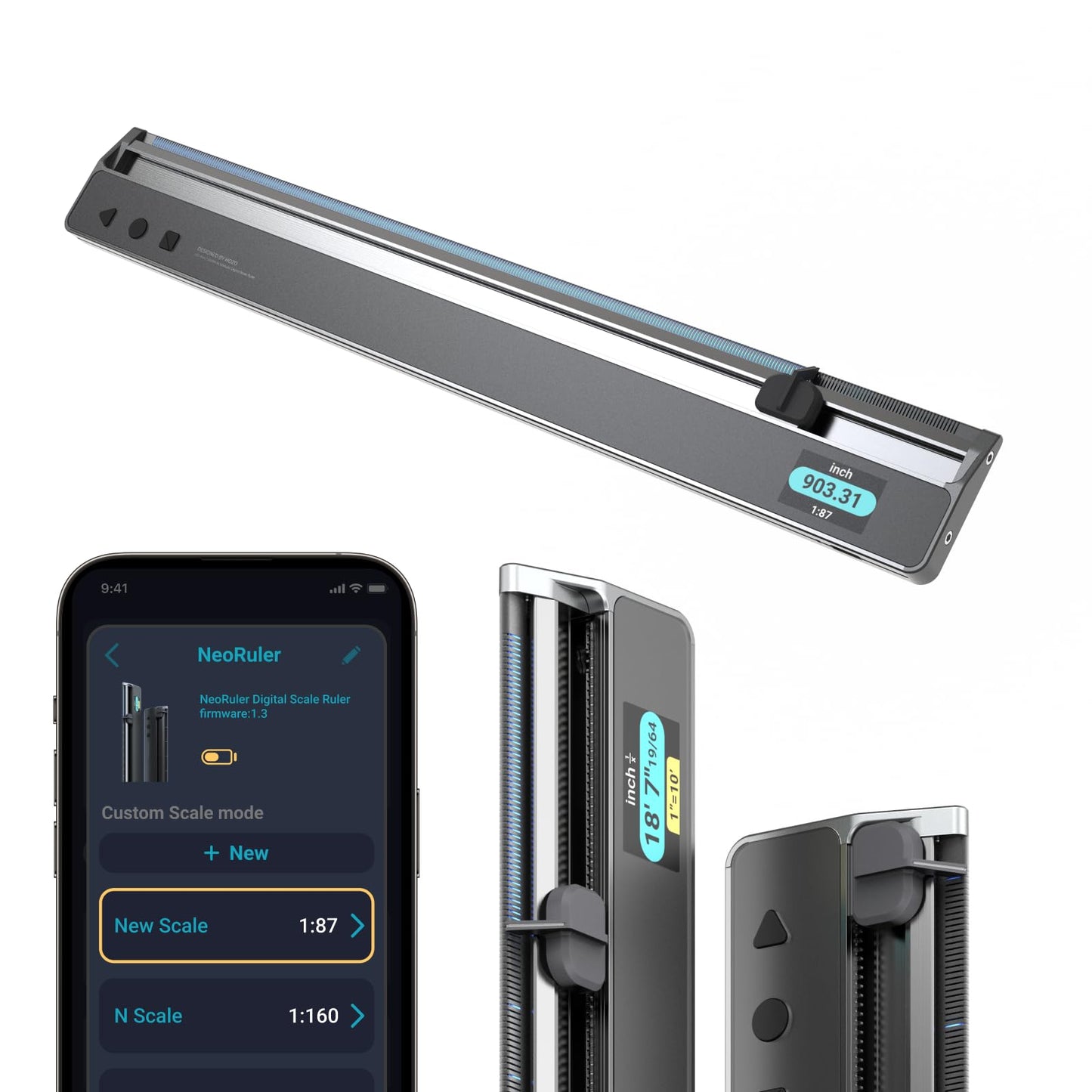 HOZO NeoRuler Digital Scale Ruler, 12 inch Smart Scale Ruler with Infinite Customized Scales and ±0.004 inch Accuracy, 93 Built-in US Imperial, Metric Scales, Architectural and Engineering