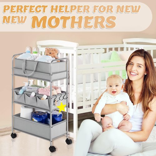 Honeydak 2in1 Baby Diaper Caddy Organizer Cart 3 Tier Large Capacity Metal Utility Bedside Rolling Cart with Divider Newborn Registry Nursery Essential Must Have Crib Bedroom Baby Shower(Gray)