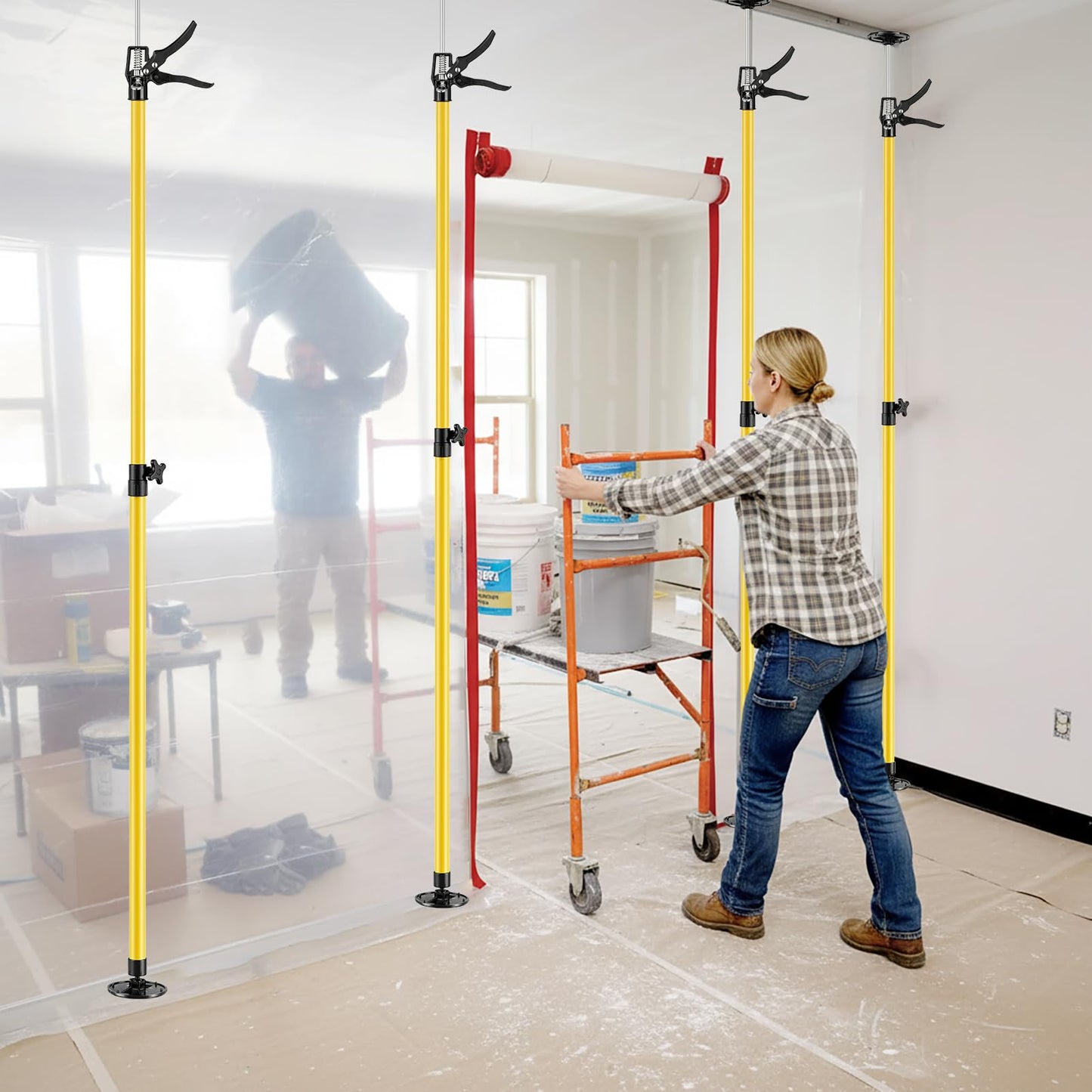 4PK Dust Barrier Poles,10FT Dust Barrier Poles Kit,Adjustable Dust Containment Pole with 2 Heavy-Duty Zippers Spring Retractable Wall Poles for Renovation & Construction Renovation-Yellow