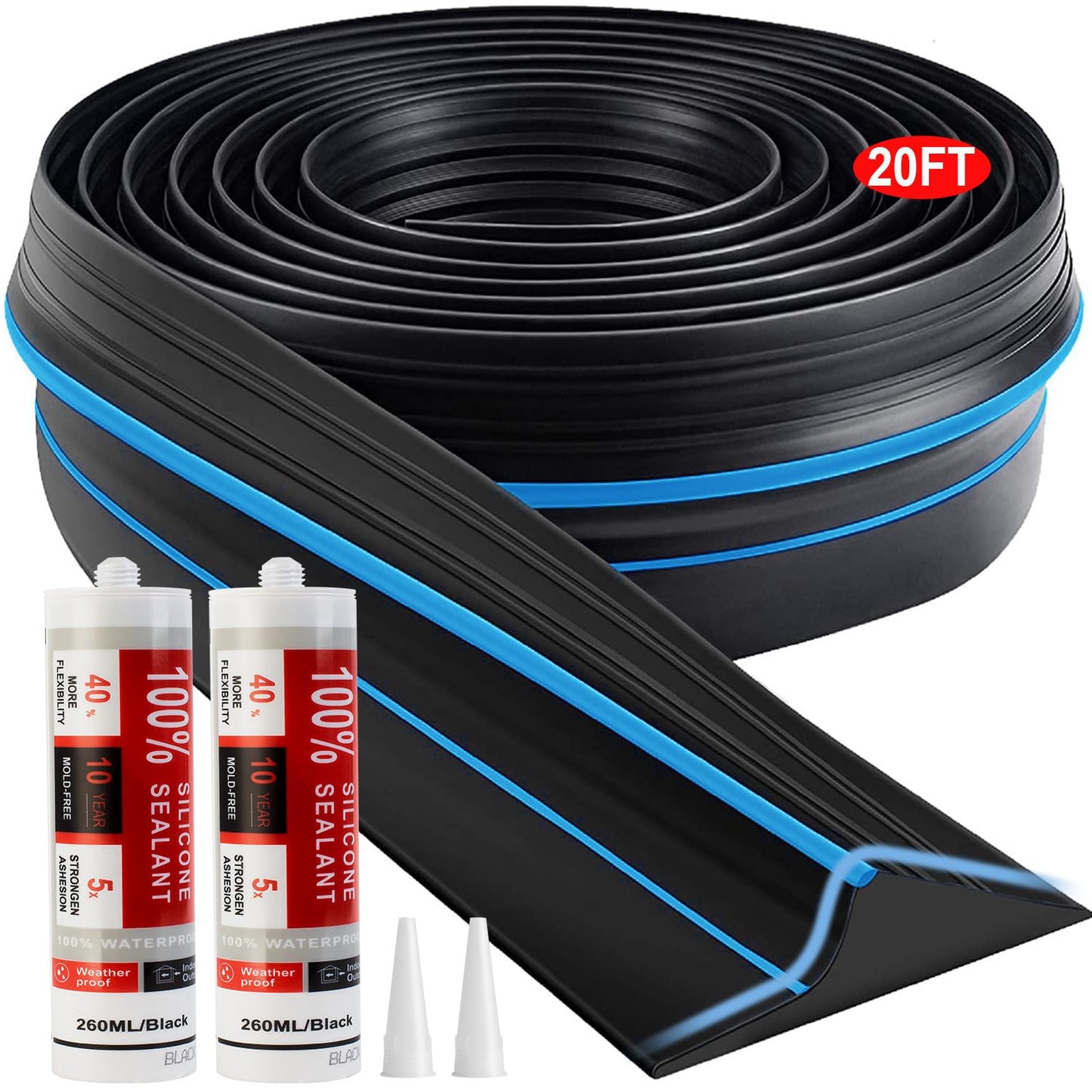 Jin&Bao Universal Garage Door Threshold Seal Strip 20FT Kit, Bottom Waterproof Rubber Weather Stripping Replacement（Blue, 2 Adhesive）