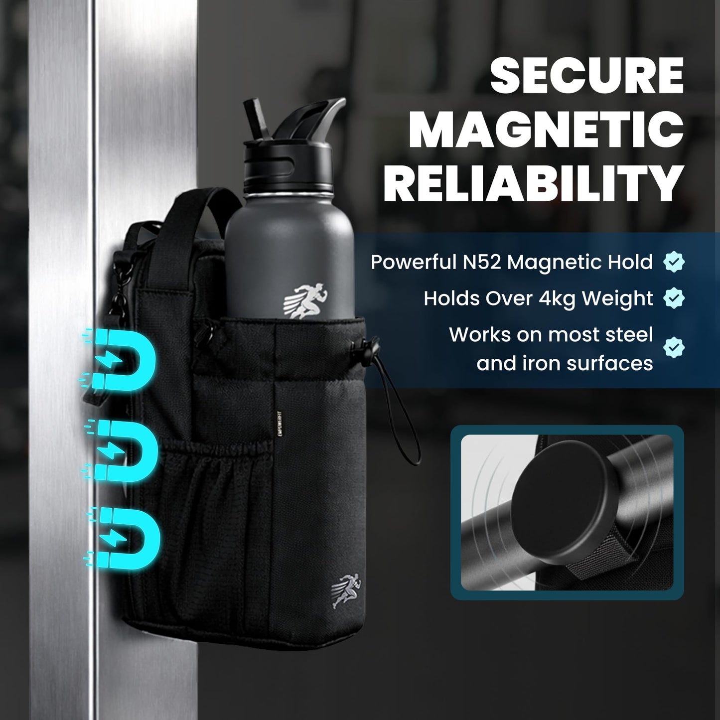EMPOWERFIT Magnetic Gym Water Bottle Bag with 40oz Bottle – Magnetic Water Bottle Holder with Strap, Crossbody Bag, Phone Pocket, Waterproof Gym Accessories