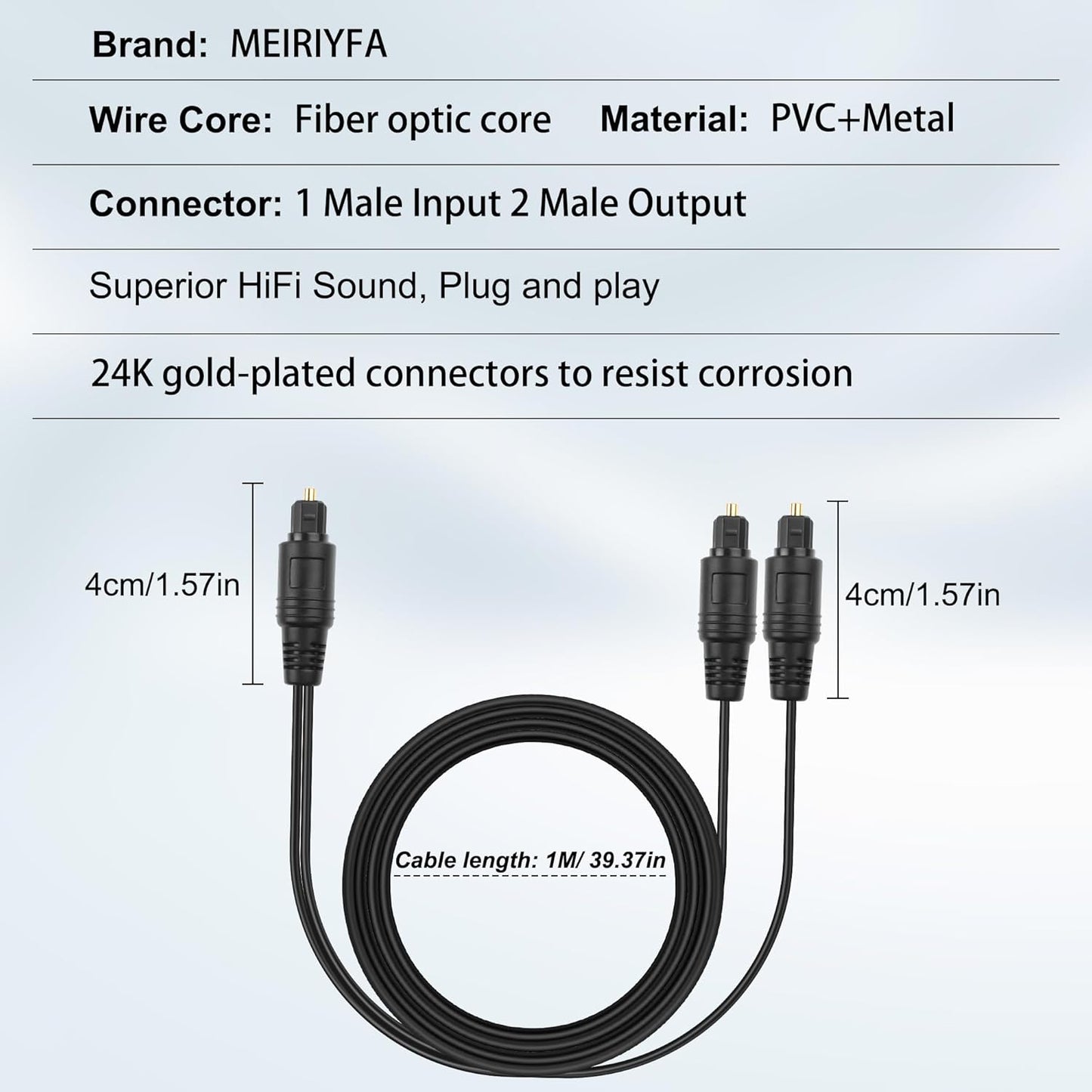 1 2 1 2 1M MEIRIYFA Digital Optical Splitter Adapter Cable in Out, Toslink Digital Fiber Optic Audio Splitter Male