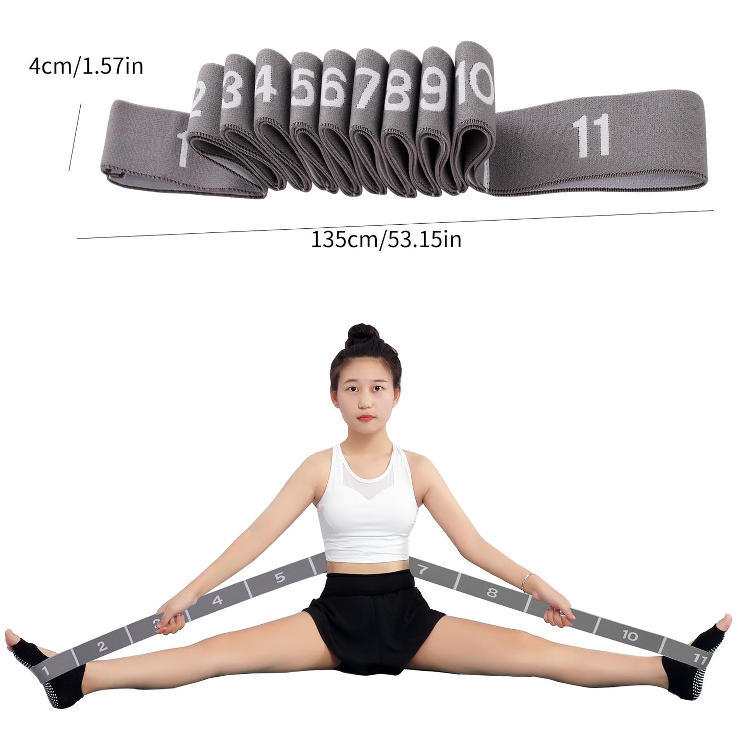 Elastic Stretching Strap with 11 Loops, Adjustable Yoga Strap for Stretching, Physical Therapy, Pilates, Dance, Ballet, Hamstring Stretcher – Non-Slip Fabric Stretch Band for Home Flexibility Workout(Grey)