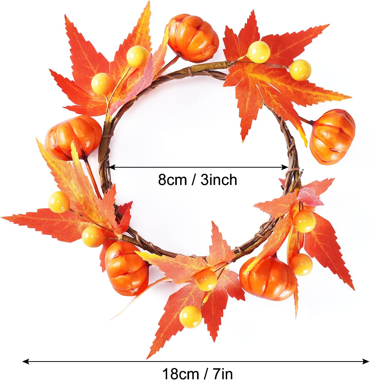 Skiennix Fall Candle Rings - 6Pcs Artificial Pumpkin & Maple Leaf Wreaths for Autumn Decor | 3.1" ID / 7" OD
