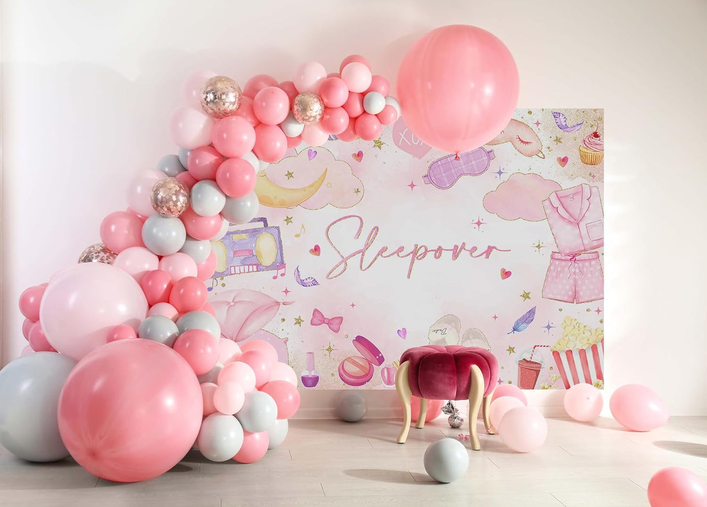 Mocsicka Sleepover Party Backdrop Slumber Party Supplies for Girls Pink Pajamas Girls Night Decorations Sleepover Spa