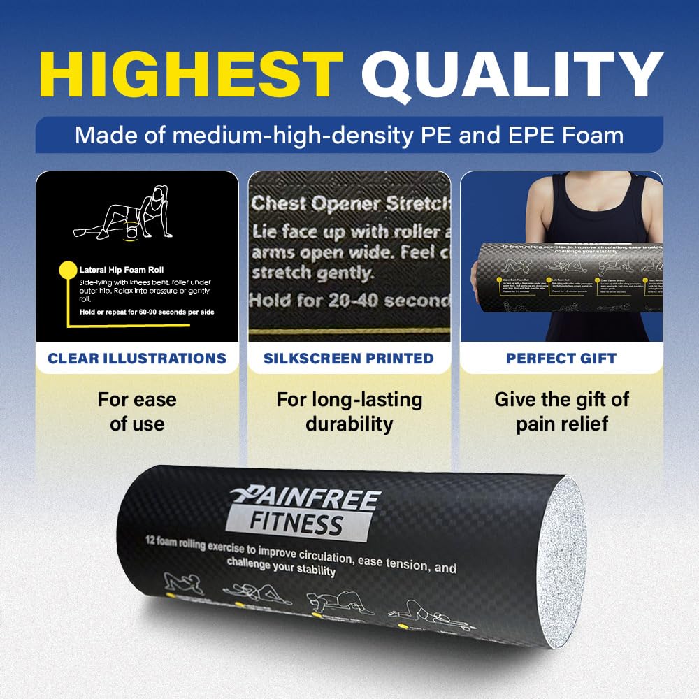 Pain-Free Fitness Foam Roller with Printed Exercises - 17.7''x 6'' Lightweight EPE/PE Exercise Roller Foam - Includes 12 Guided Stability, Mobility & Recovery Moves - Dual Color Instructional Design