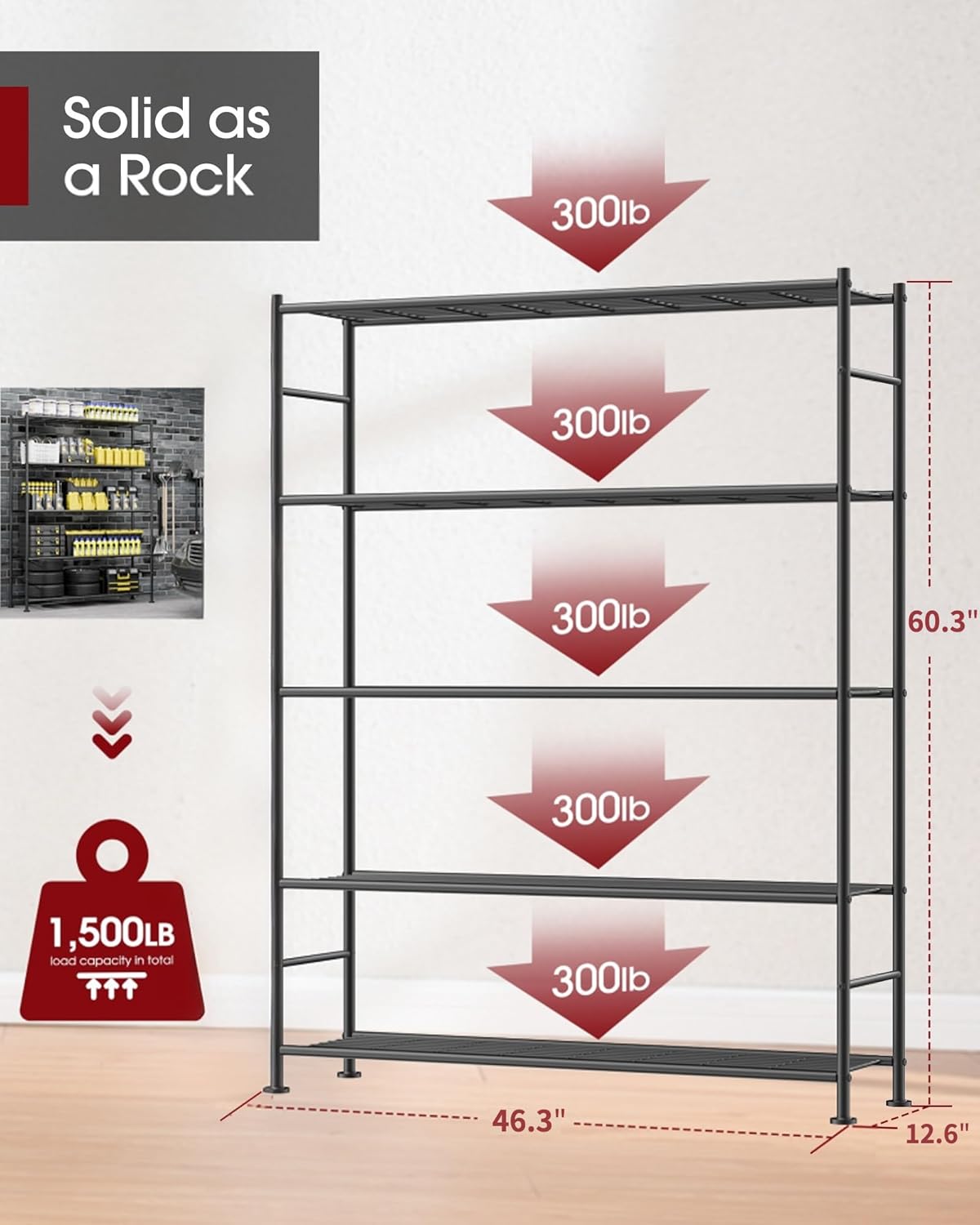 Sakugi Storage Shelves - Heavy Duty 5-Tier Shelf Organizer | Stable Metal Unit for Kitchen, Pantry & Closet - 46.3" W x 12.6" D x 60.3" H, Black