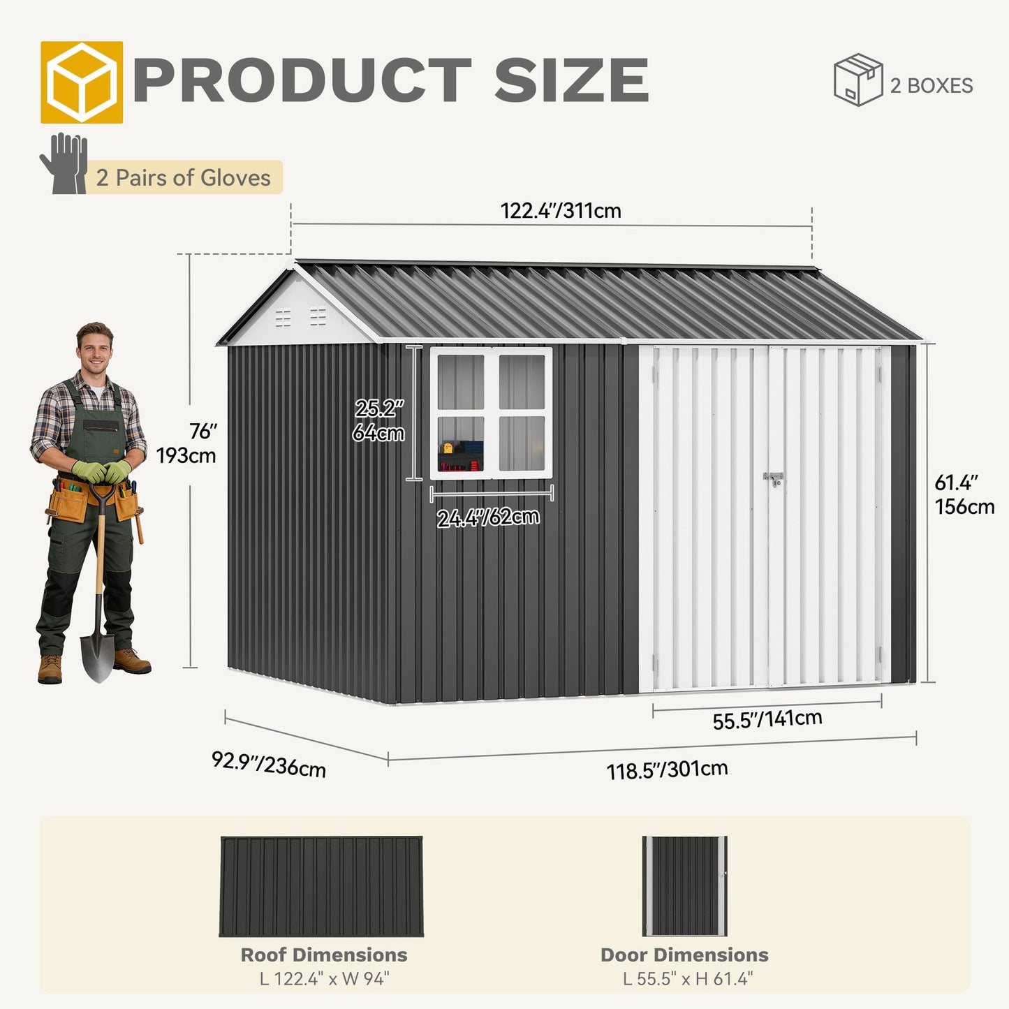 DWVO 10x8ft Large Tool Storage Shed with Window, Lockable Doors, and Sloped Roof, Oversized Steel Outdoor Storage Shed for Garden, Patio, Garage, Backyard, Lawn - Gray & White