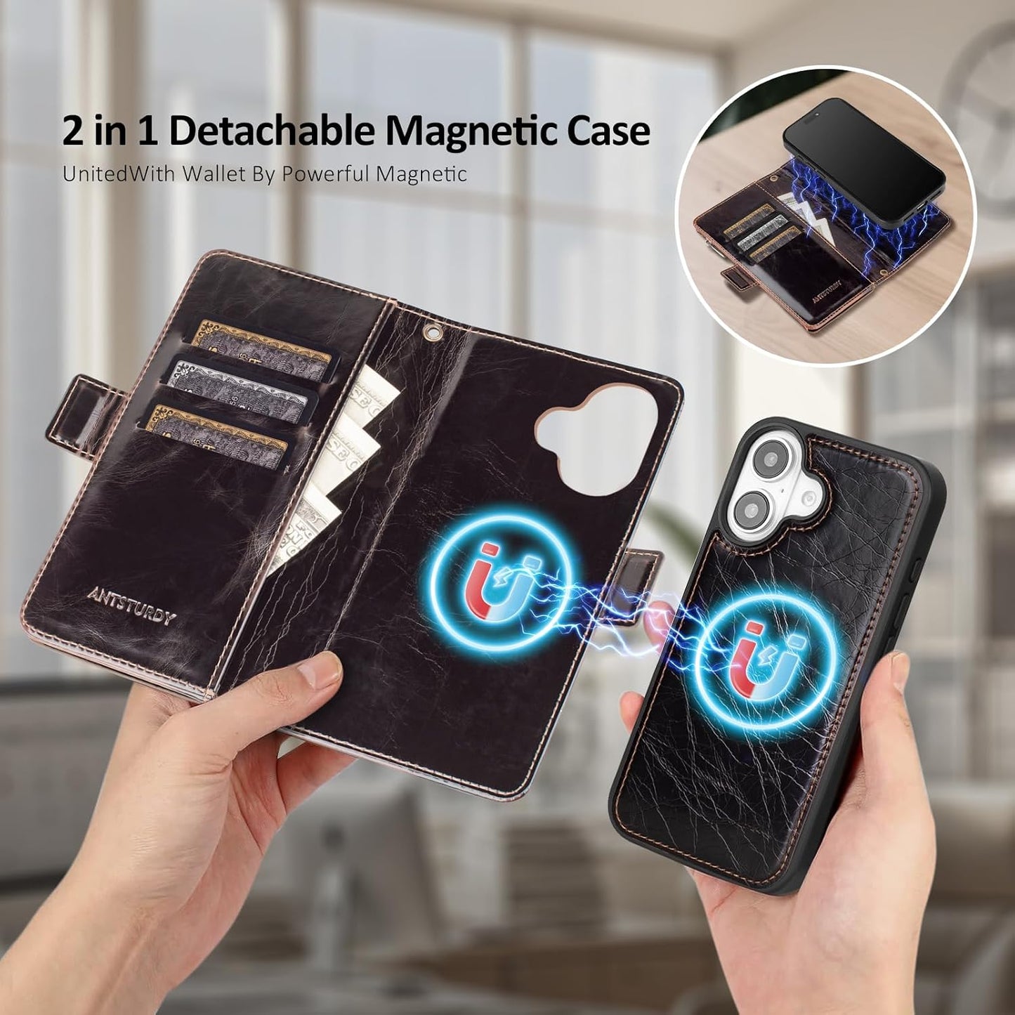 Antsturdy 2 1 17 Compatible with Magsafe Magnetic in Detachable iPhone Wallet Case with Credit Card Holder Slots,PU