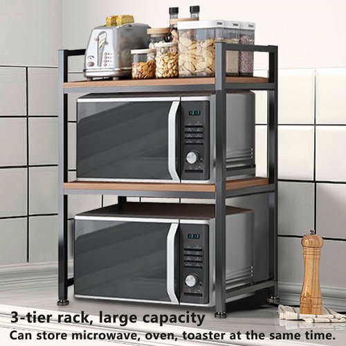 Microwave Stand, Heavy Duty 3 Tier Microwave Shelf for Kitchen Shelving Countertop Organizer. Carbon Steel, Wood Panel, Sturdy and Not Shaking Kitchen Rack That Can Withstand 200 Lbs Weight