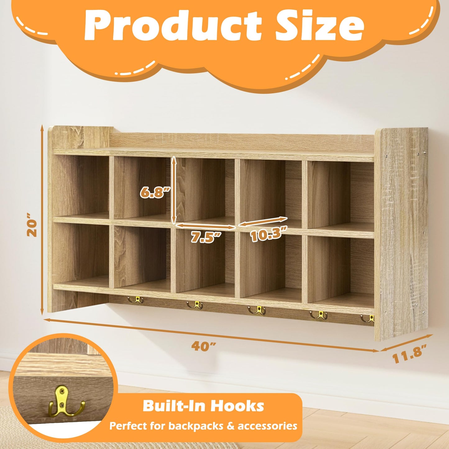 Verssure Wall Cubbies, 10 Cubby Storage Organizer with Coat Hooks, Cubbies for Classrooms,Wooden Cubby Shelf for Toys, Bags and Books, Used in School, Gym, Daycare Storge (White Oak)