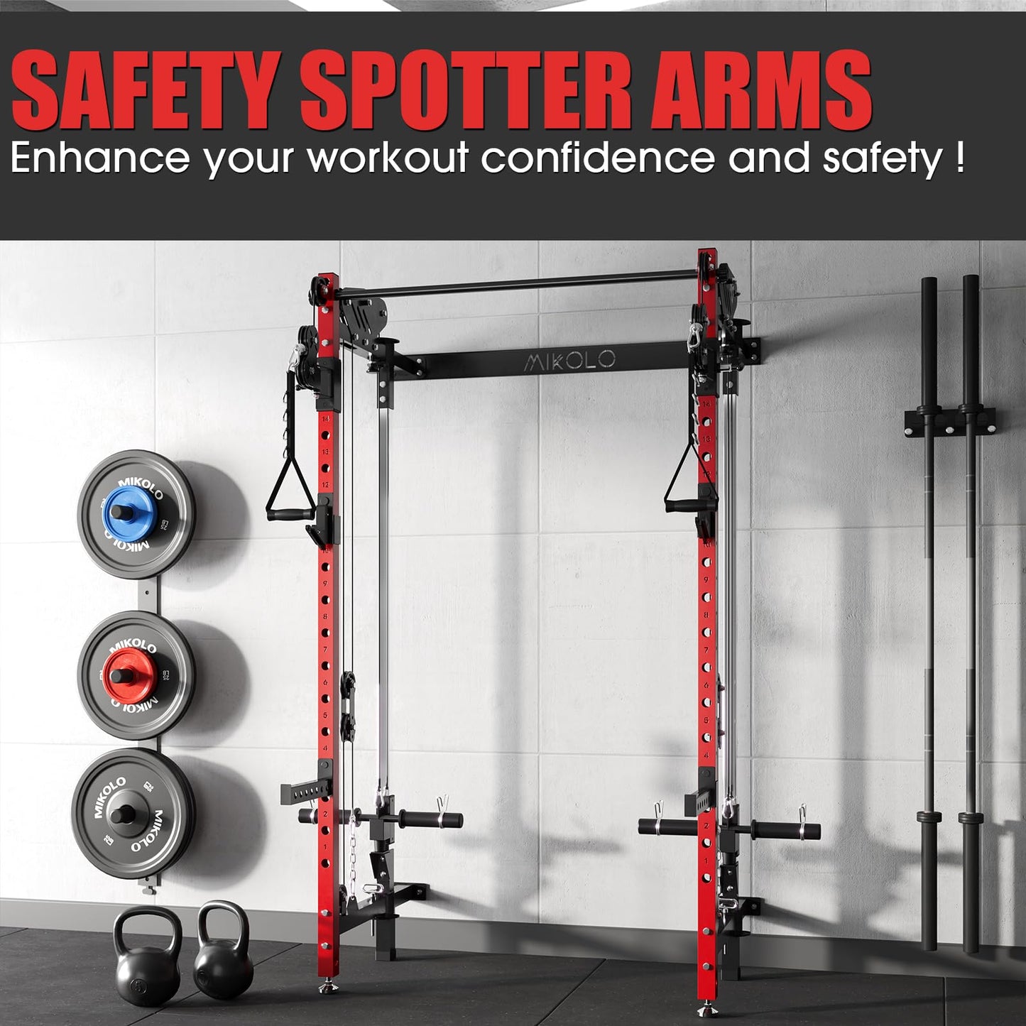 Mikolo Safety Catches, Spotter Arms-Fit 2"x 2" Tube, with 1" Hole for Squat Rack Power Rack Cage, 800 lbs Capacity (1 Pair)
