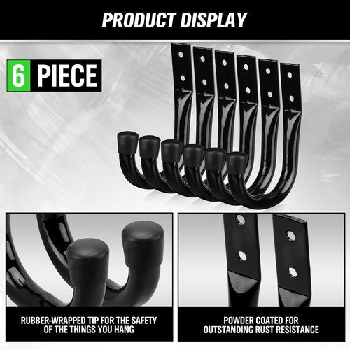 Heavy Duty Garage Storage Hooks - 6-Piece Bike Wall Mount J Hooks for Organizing Tools & Cords