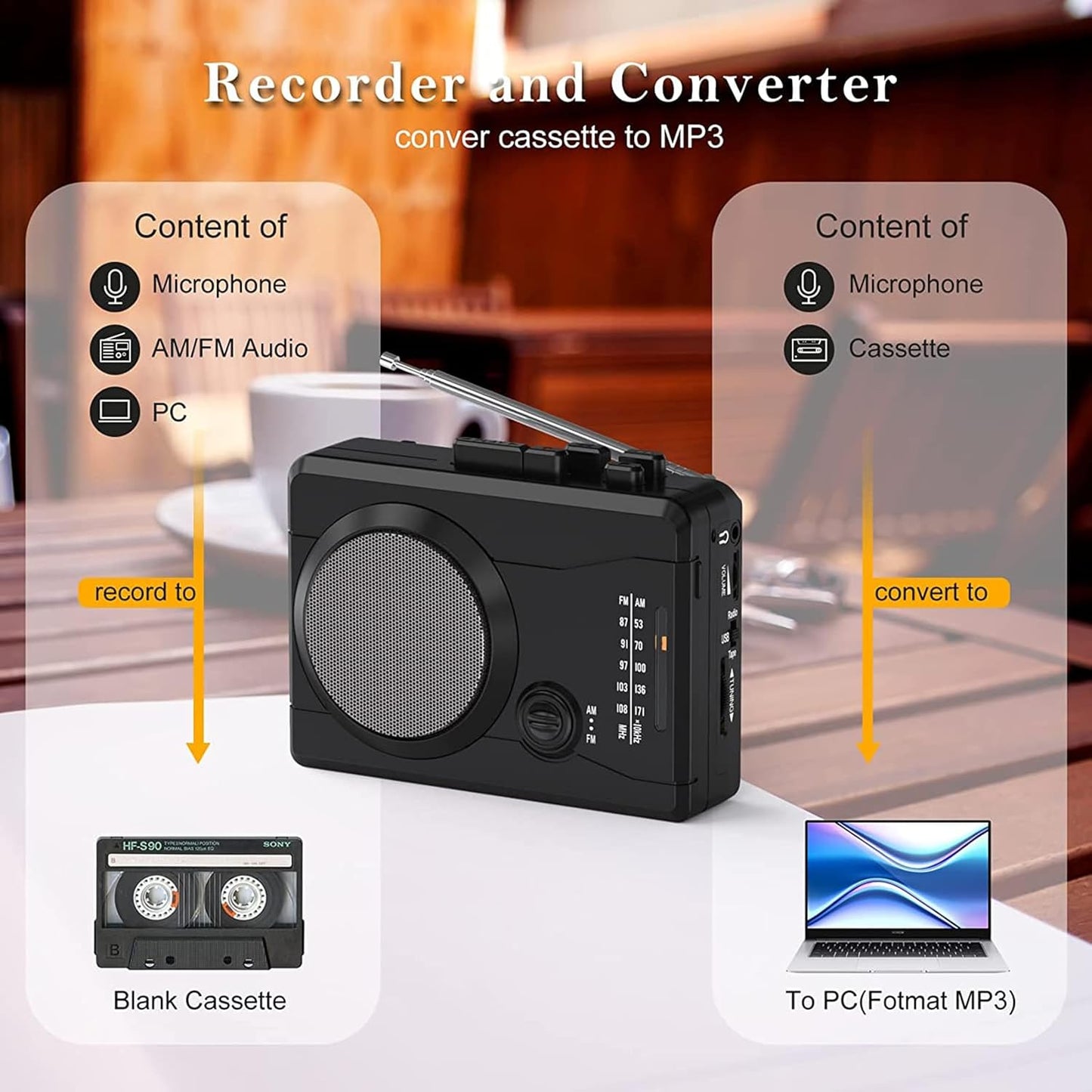 Mersoco Cassette MP3 Player Recorder, Portable Retro Tape Player Audio Recording, AM/FM Radio, Tape to Converter
