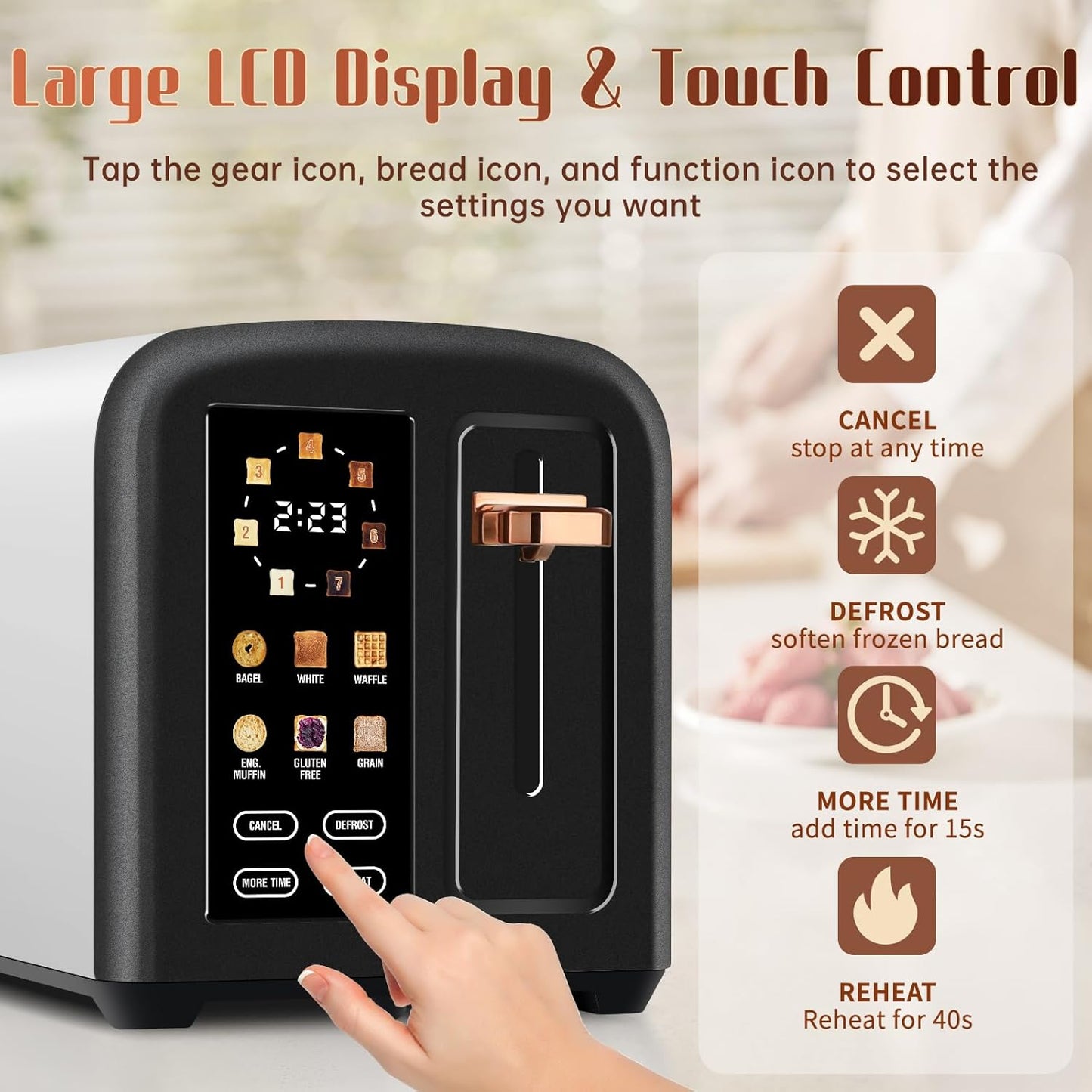 SEEDEEM 2-Slice Toaster - Touch Screen, 7 Shade Settings, 1.5” Wide Slots, Dark Chocolate Finish