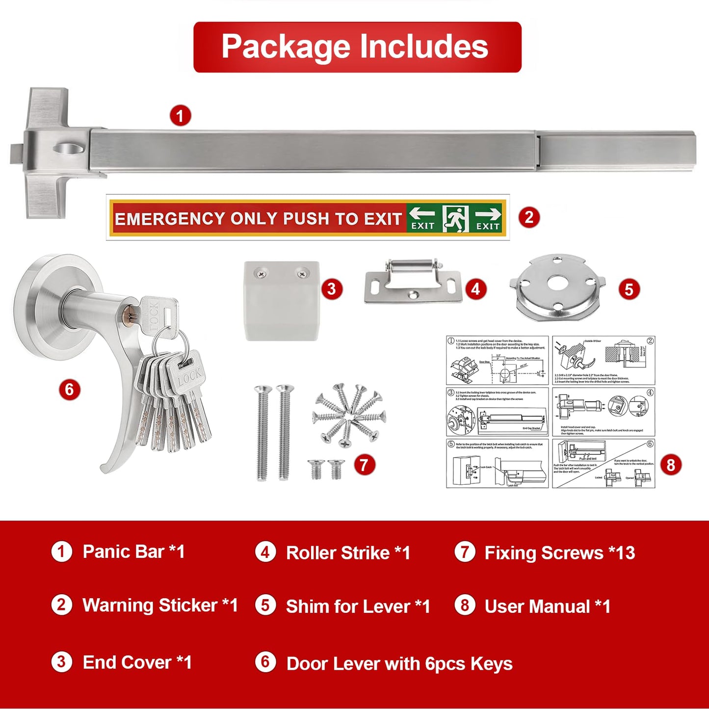 Push Bar Panic Exit Device with Handle, 31 Inch Aluminum Emergency Exit Door Hardware with 6 Keys, Commercial Emergency Door Lock Fits 31"-47" Wood & Metal Doors, Left/Right Compatible