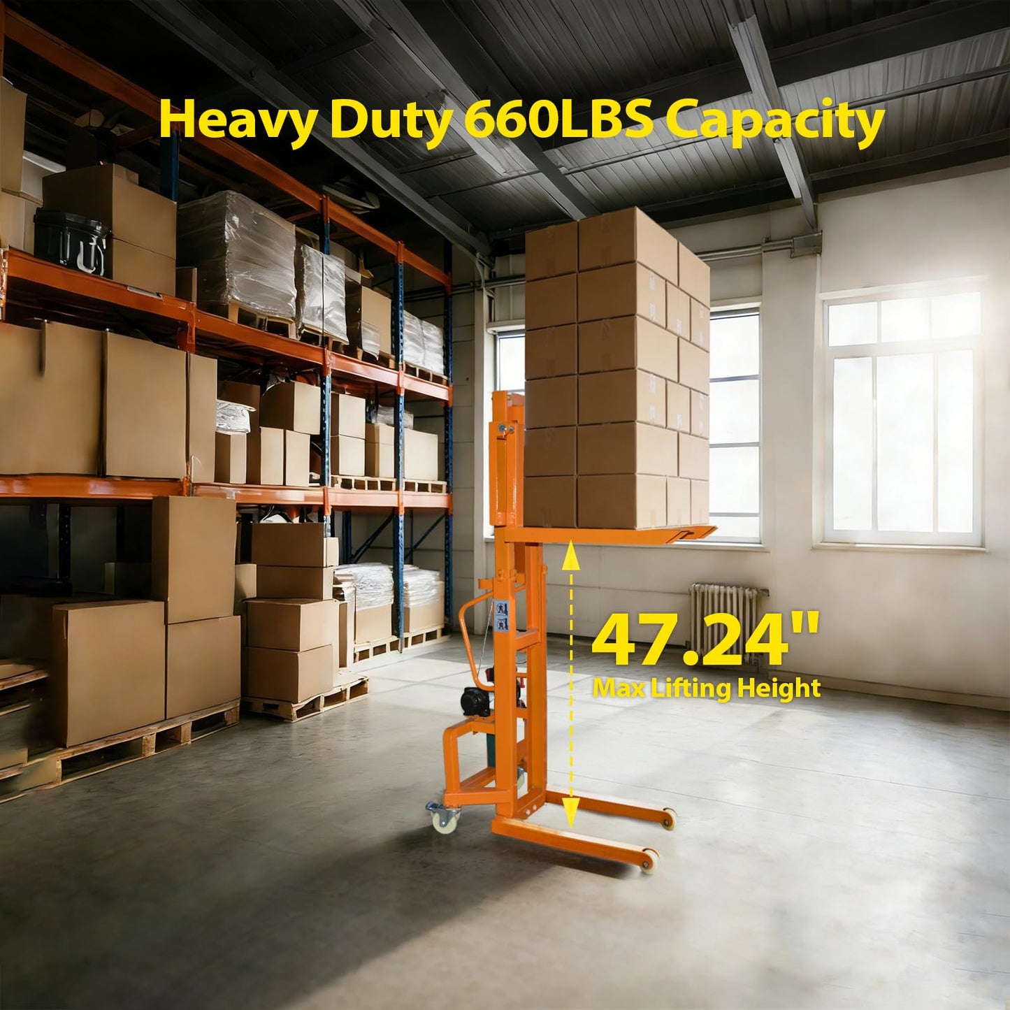 CareArise Electric Material Lift Pallet Stacker| 660lbs Capacity Forklift | 47.24" Max Remote Control Lift | Adjustable Forks&Base | Ideal for Warehouse, Garage, Logistics丨Battery Powered Forklift