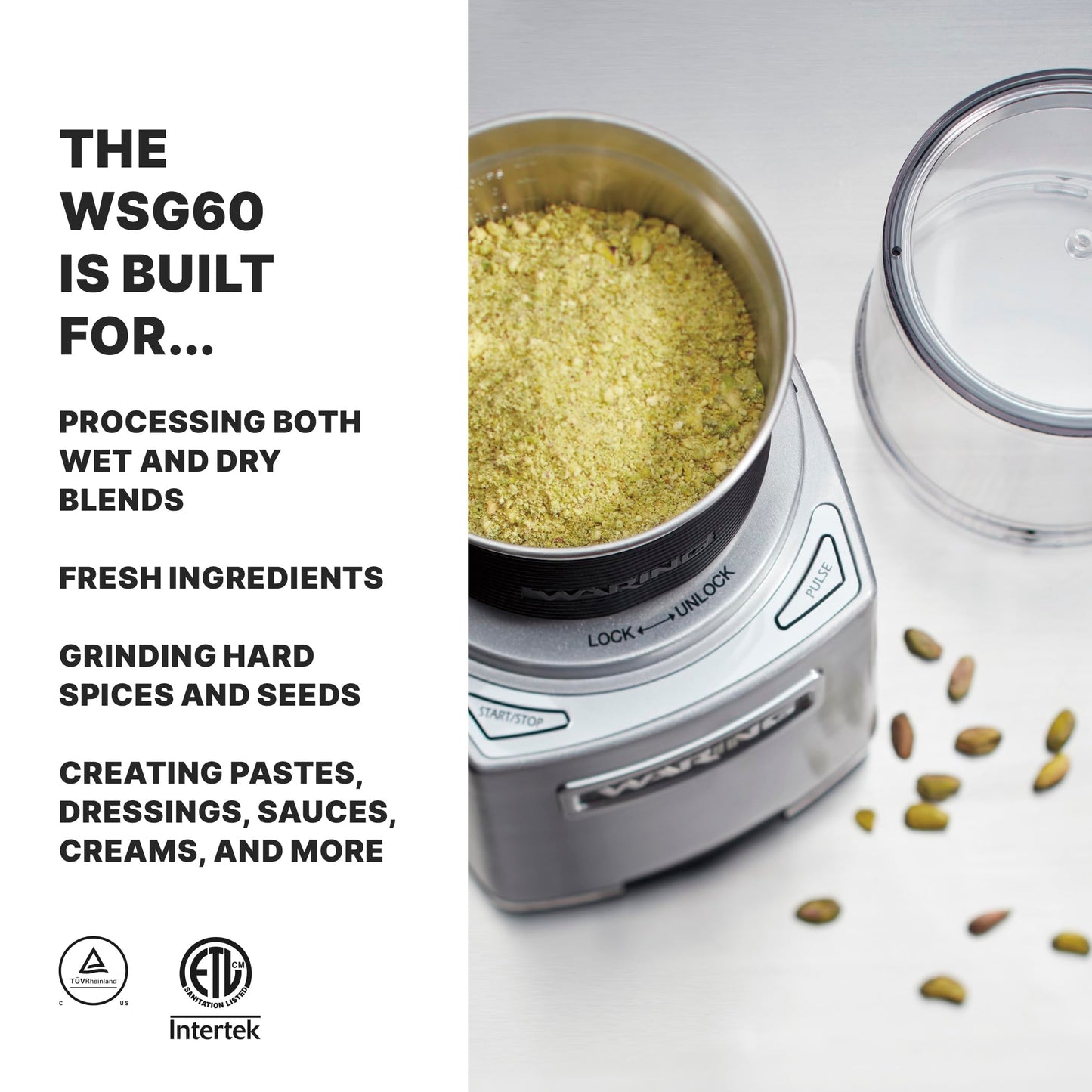Waring Commercial Electric Spice Grinder, 3-Cup Capacity, Stainless Steel Blades, Dry & Wet, Spices, Pastes, Sauces, Whipped Cream, Herb blends, WSG60