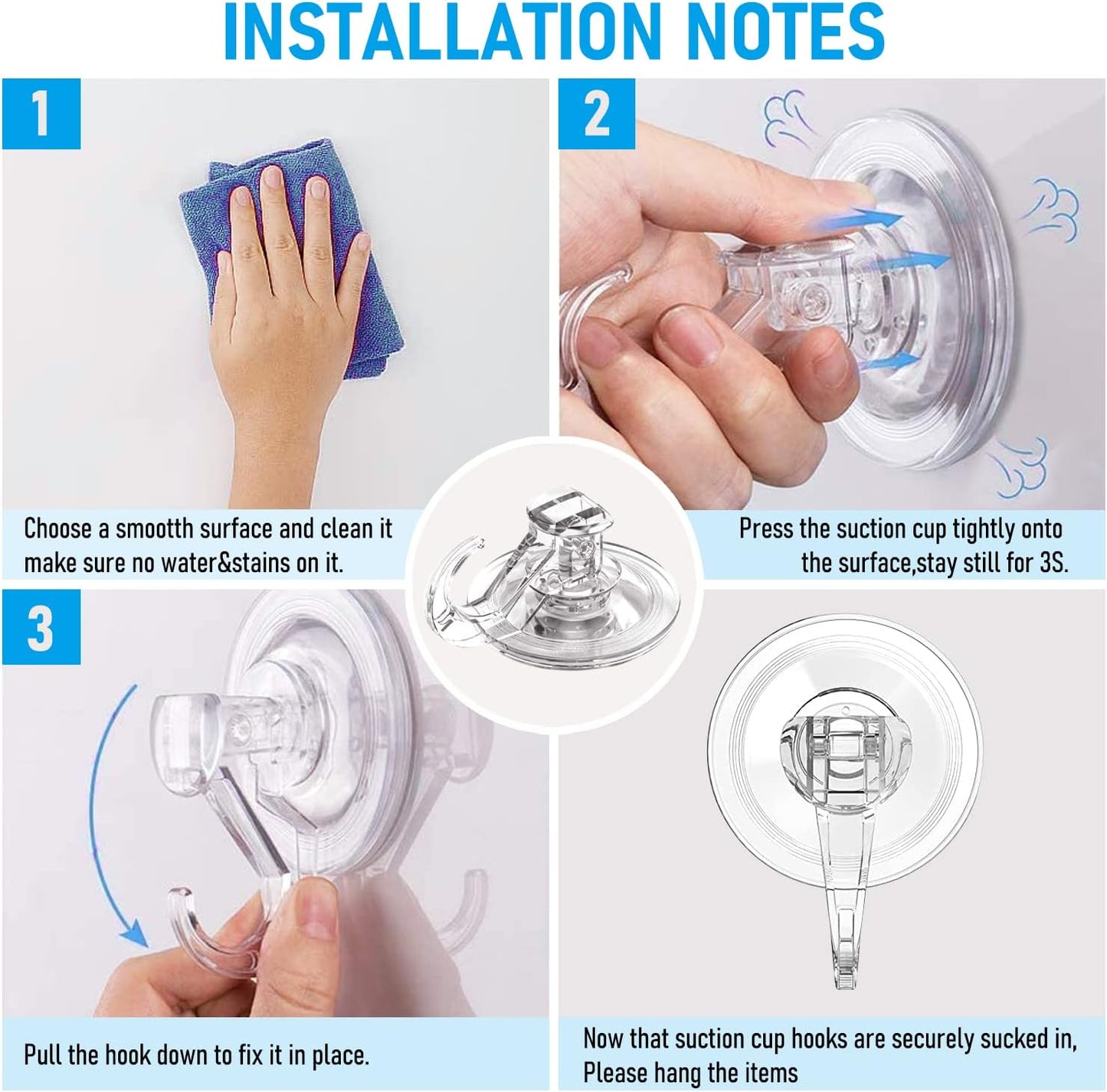 Quntis Suction Cup Hooks - Heavy Duty Waterproof Multi-Purpose Shower & Bathroom Hangers | 4 Pack