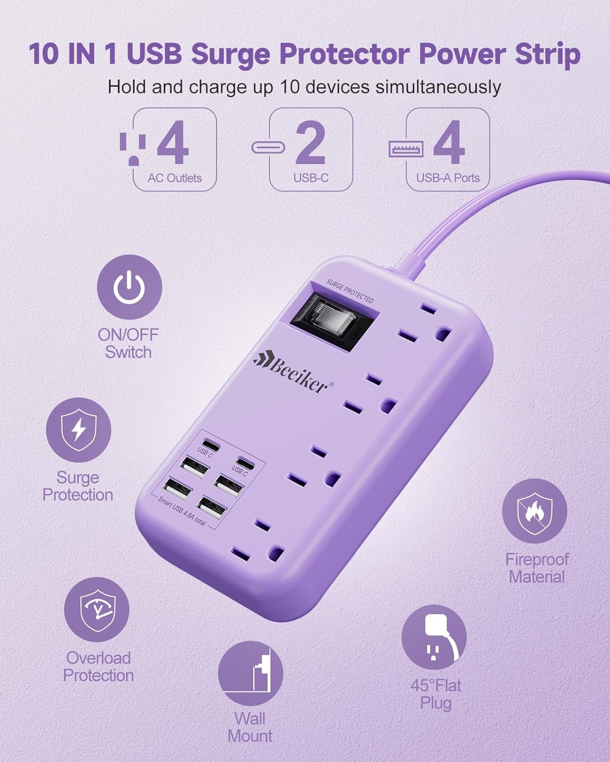 Beeiker 6 USB(2 5Ft 24W 4 USB C) Purple Travel Power Strip- Lavender Extension Cord with USB Charging Station