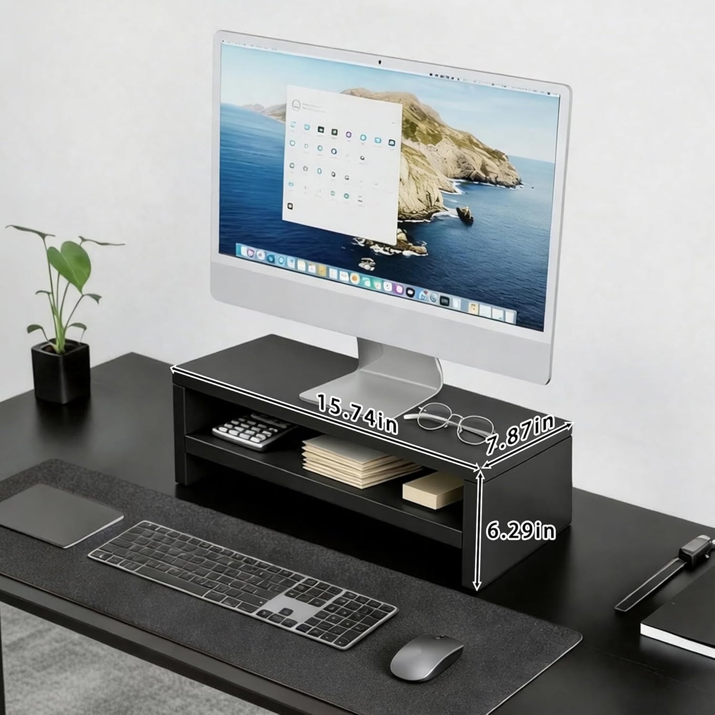 2-Tier 15.7 Inch Wooden Monitor Stand Riser, Desk Shelf with Storage Organizer, Ergonomic Computer Stand, Storage
