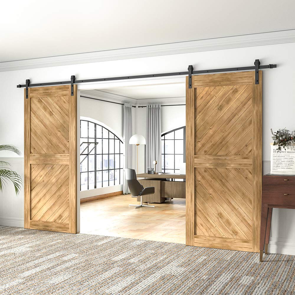 WINSOON 10FT Barn Door Hardware Kit: Double Sliding Door Hardware - Heavy Duty Black Barn Door Track Kit - Carbon Steel Sliding Barn Door Rail - J-Shape Easy to Install for 60" Closet Panel(No Door)