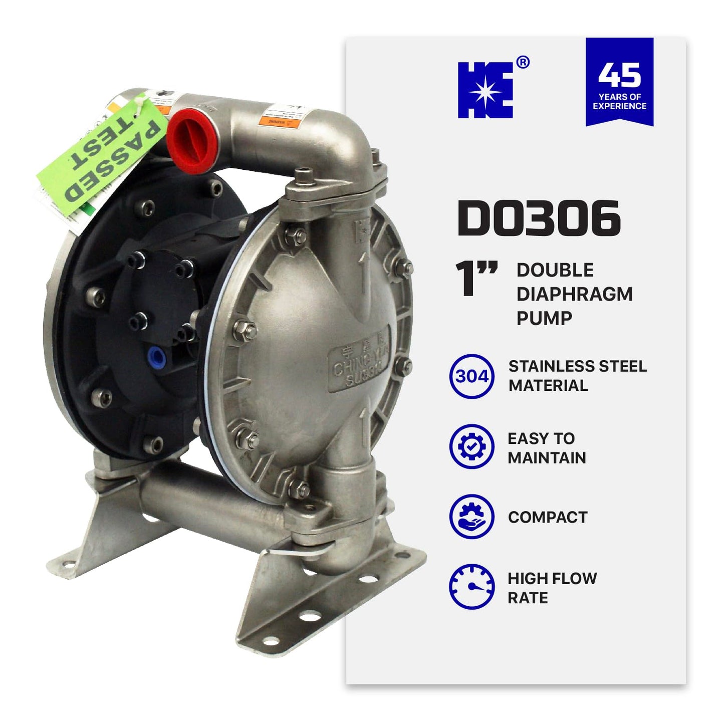 COSMOSTAR D0306 1" Stainless Steel Double Air Diaphragm Pump, Aluminum Body, Teflon Ball, seat and Diaphragm, Pump Muffler, Pump, Chemical Pump, Waste Oil Pump, Pneumatic Oil Pump, Diaphragm Pumps