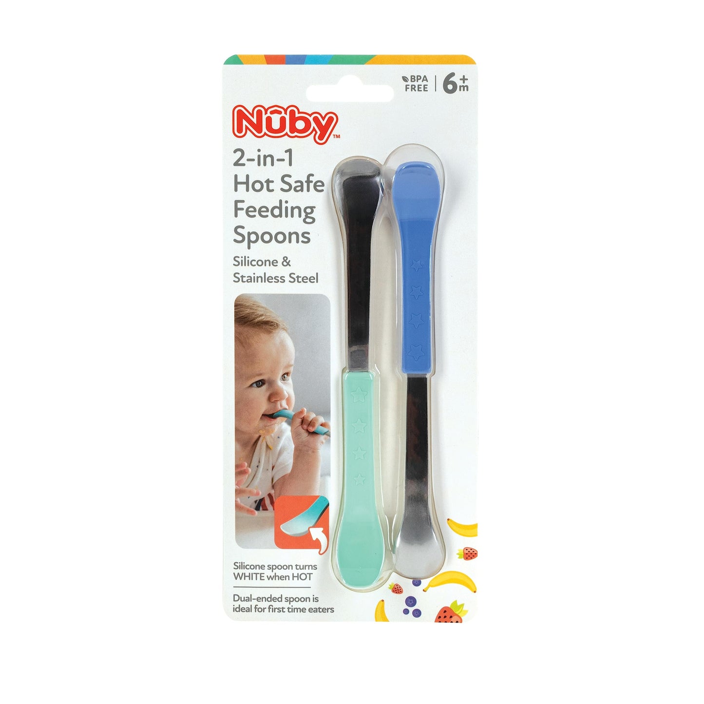Nuby 2-in-1 Hot Safe Feeding Spoons - (8-Pack) Spoons for Babies 6+ Months - Blue and Aqua