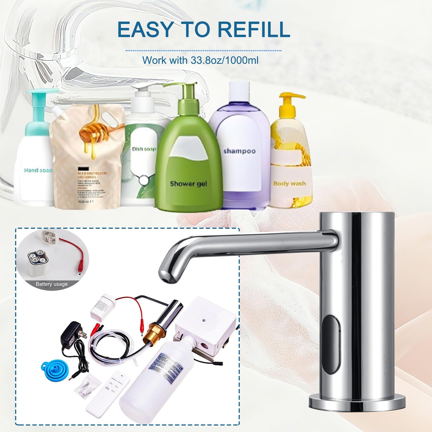 Touchless Automatic Soap Dispenser Built-in Sink Electric Soap Dispenser for Kitchen Bathroom Commercial Home Use, Infrared Sensor with 33.81oz/1000ml Bottle Pump, Chrome