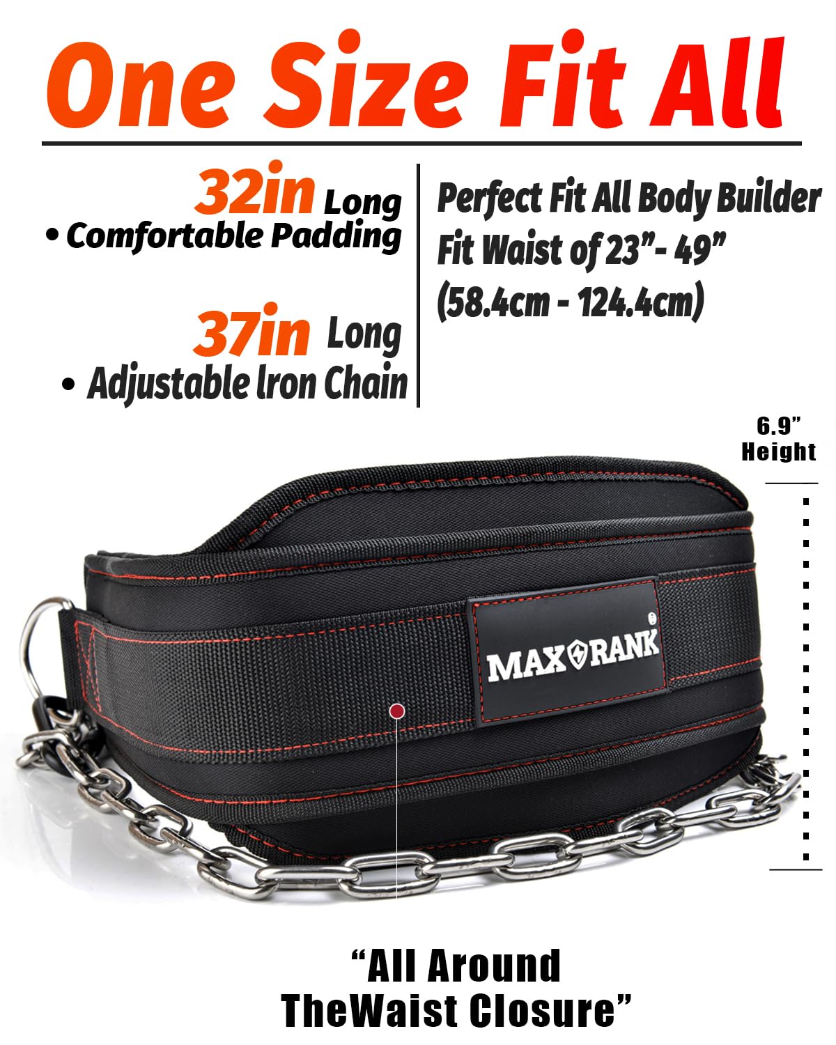 MAXRANK Dip belt With 37-40" Chain, 550lbs - 650lbs Weight Capacity, Weightlifting Belt for Dips and Pullups