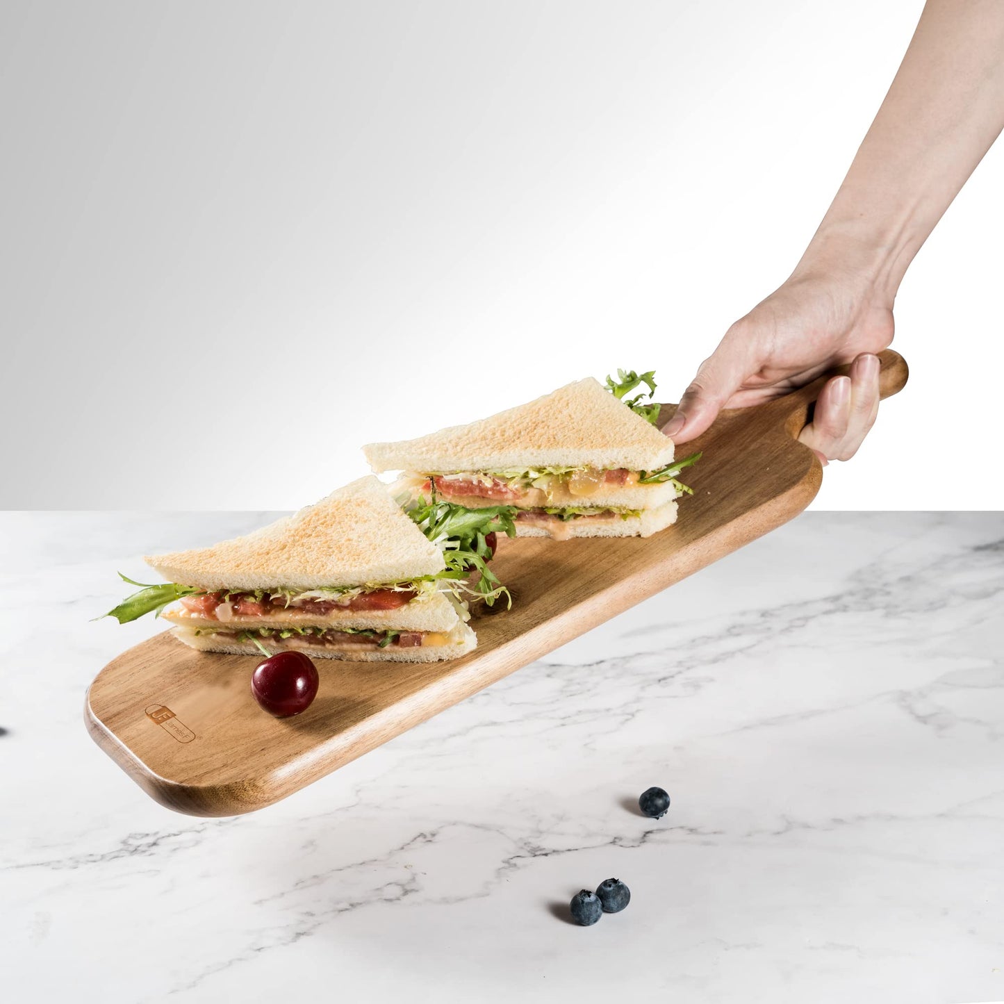 JF JAMES.F Wood Cutting Board with Handle, Long Acacia Serving Board Wooden Cheese Board Charcuterie Boards Wood Board for Food Bread Fruit 16.1x4.7x0.6 Inch