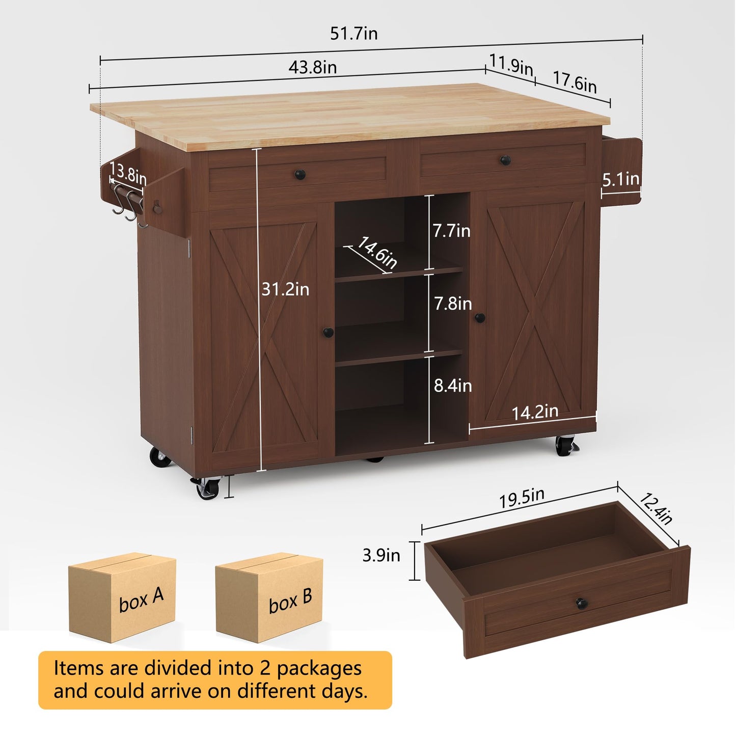 HLR Kitchen Island On Wheels, Brown Rolling Kitchen Island Cart with Solid Wood Drop Leaf Breakfast Bar, Barn Door Kitchen Islands with Storage Cabinet and Tower Rack, Island Table for Kitchen