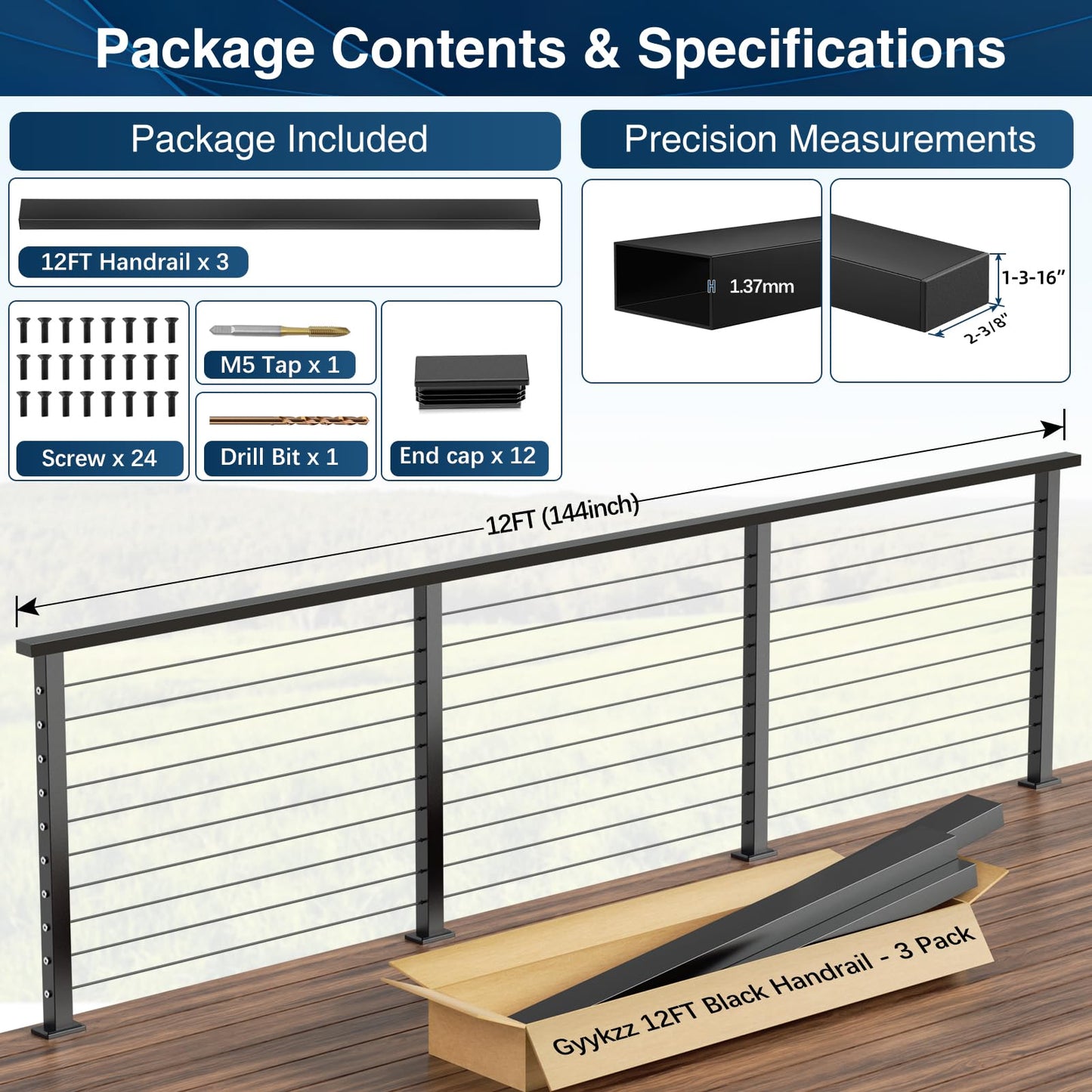 Gyykzz 12FT Stainless Steel T304 Black Handrail, 3 Pack Rectangular Cuttable Handrail Flat Top Rail 2-3/8"x1-3/16 with Nylon End Caps for Indoor Outdoor Deck Stair Cable Railing System DIY Balustrade
