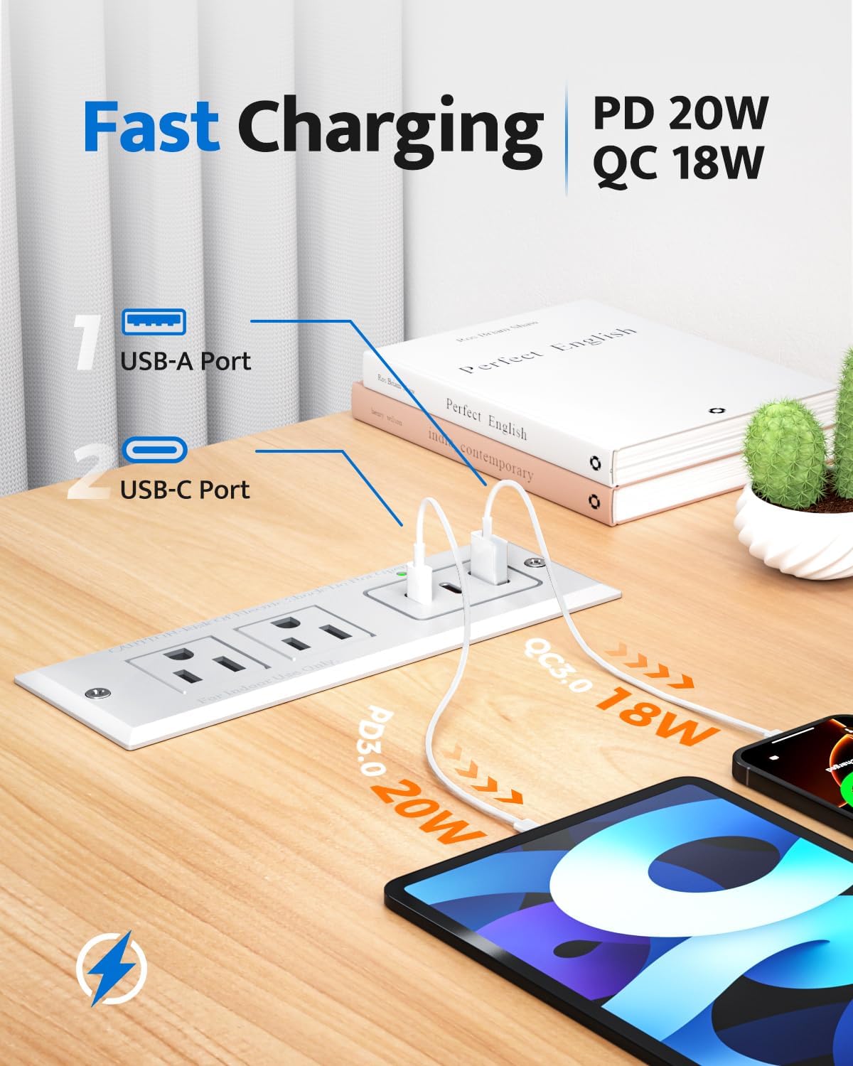 DOACE 20W 6ft 45 Recessed Power Strip with USB C Port, Fast Charging USB A Port Conference Recessed Outlet, Space-Saver