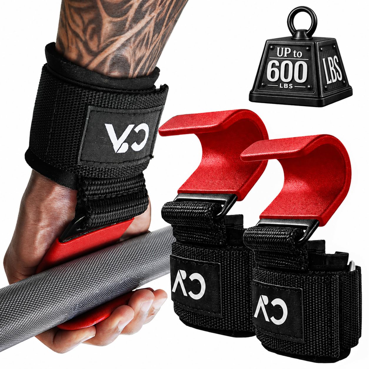 CHICK-ACTIVE Weight Lifting Hooks (Pair) for Deadlifts, Pull Ups, Rows & Shrugs - 8mm Neoprene Padding Hand Grips with Enhanced Capacity - Secure Grip Wrist Straps for Weightlifting & Gym Training (Red, One Size)