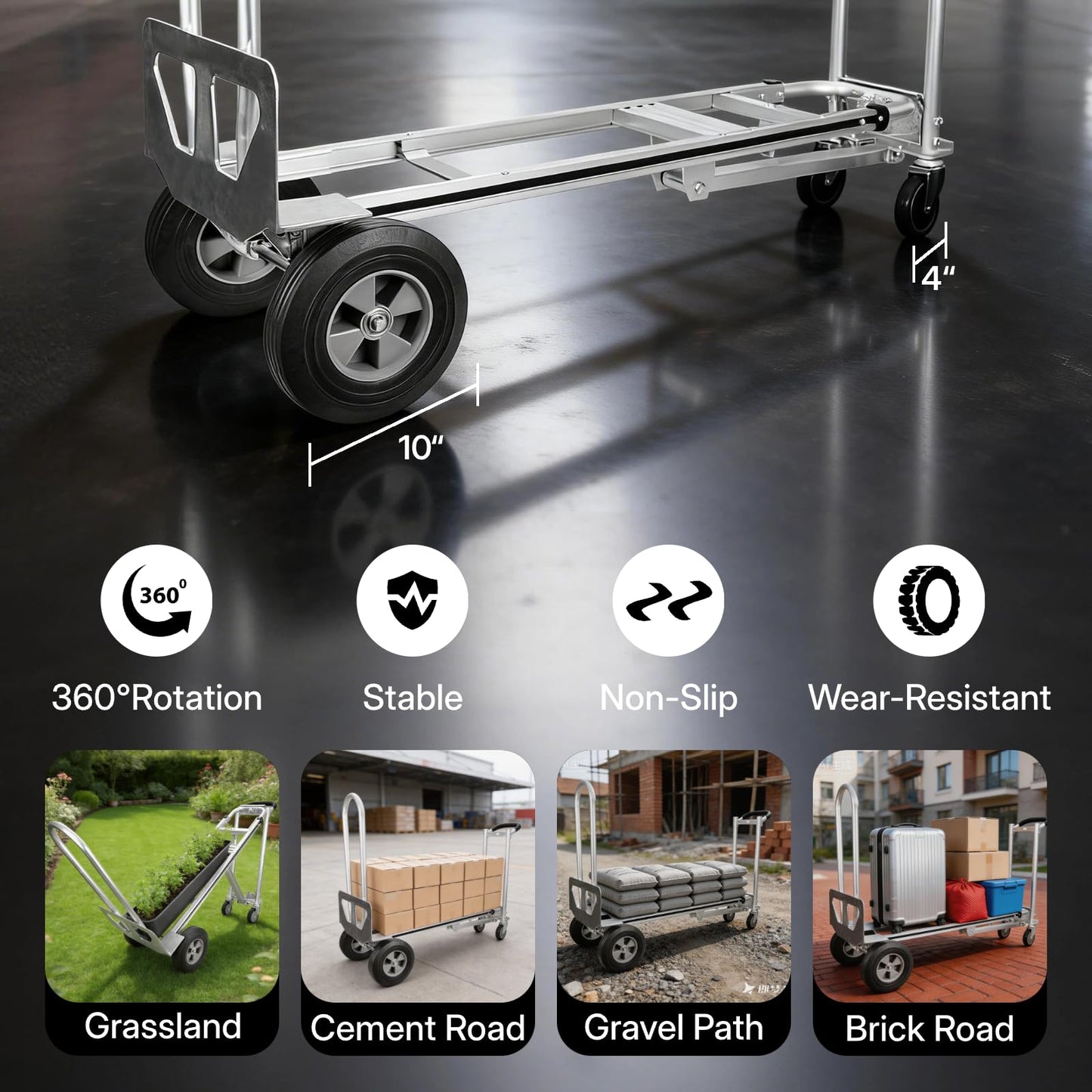 Heavy Duty Convertible Hand Truck – Heavy Duty Aluminum 3-in-1 Dolly, 770 lbs Capacity, 2x10 Solid Rubber Wheels, Folding Nose Extension, Ergonomic Anti-Slip Handle for Easy Transport